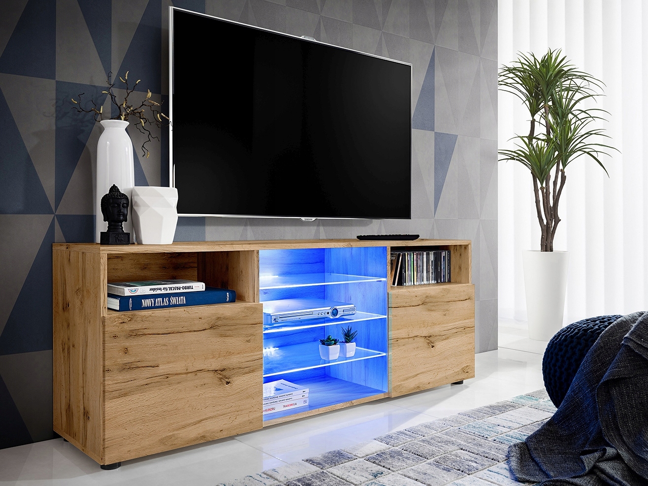 Pan Igiełka Szafka RTV LED Czarny Biały Dąb Wotan Połysk Mat RGB LED Pilot