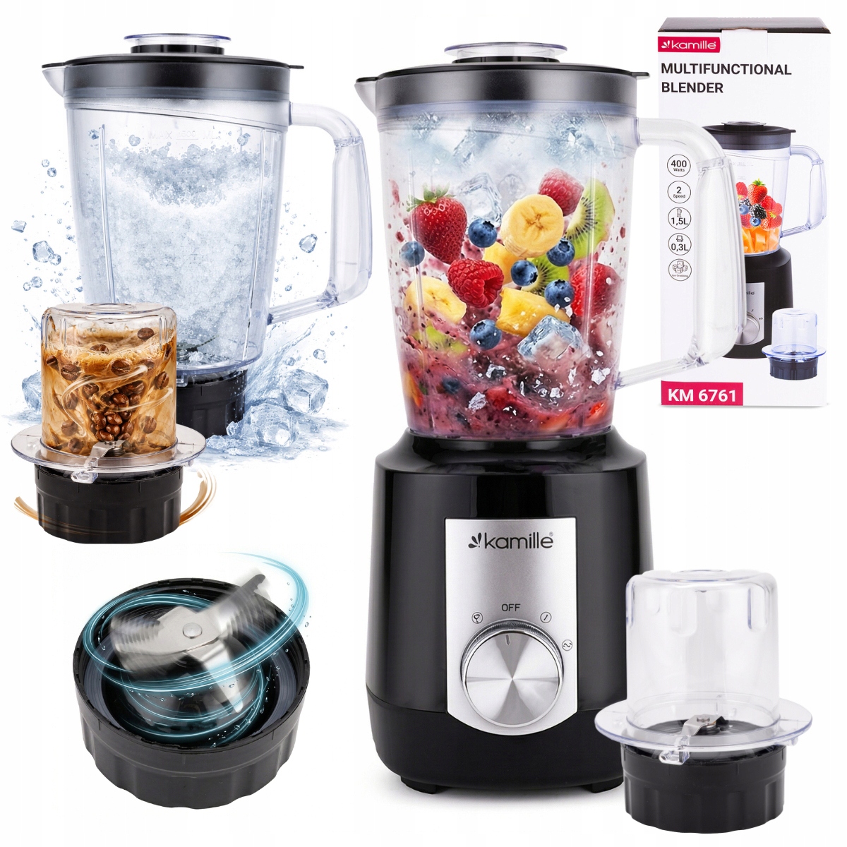 Blender Kielichowy 1,5L Rozdrabniacz 2-w-1 400W Młynek Do Kawy Kamille