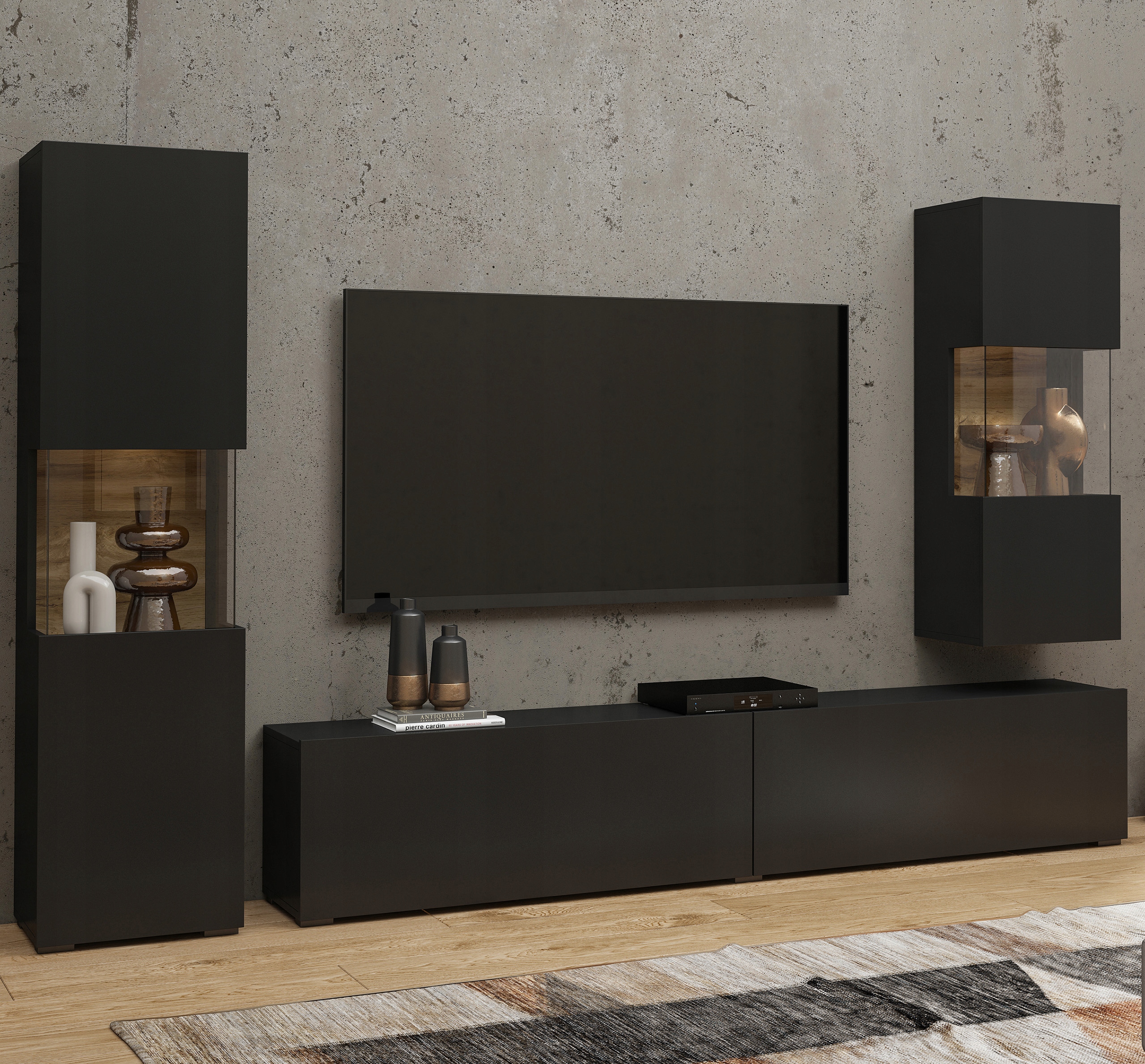 Nábytková Stěna Aurora Dub wotan/Černá Sada nábytku do obývacího pokoje