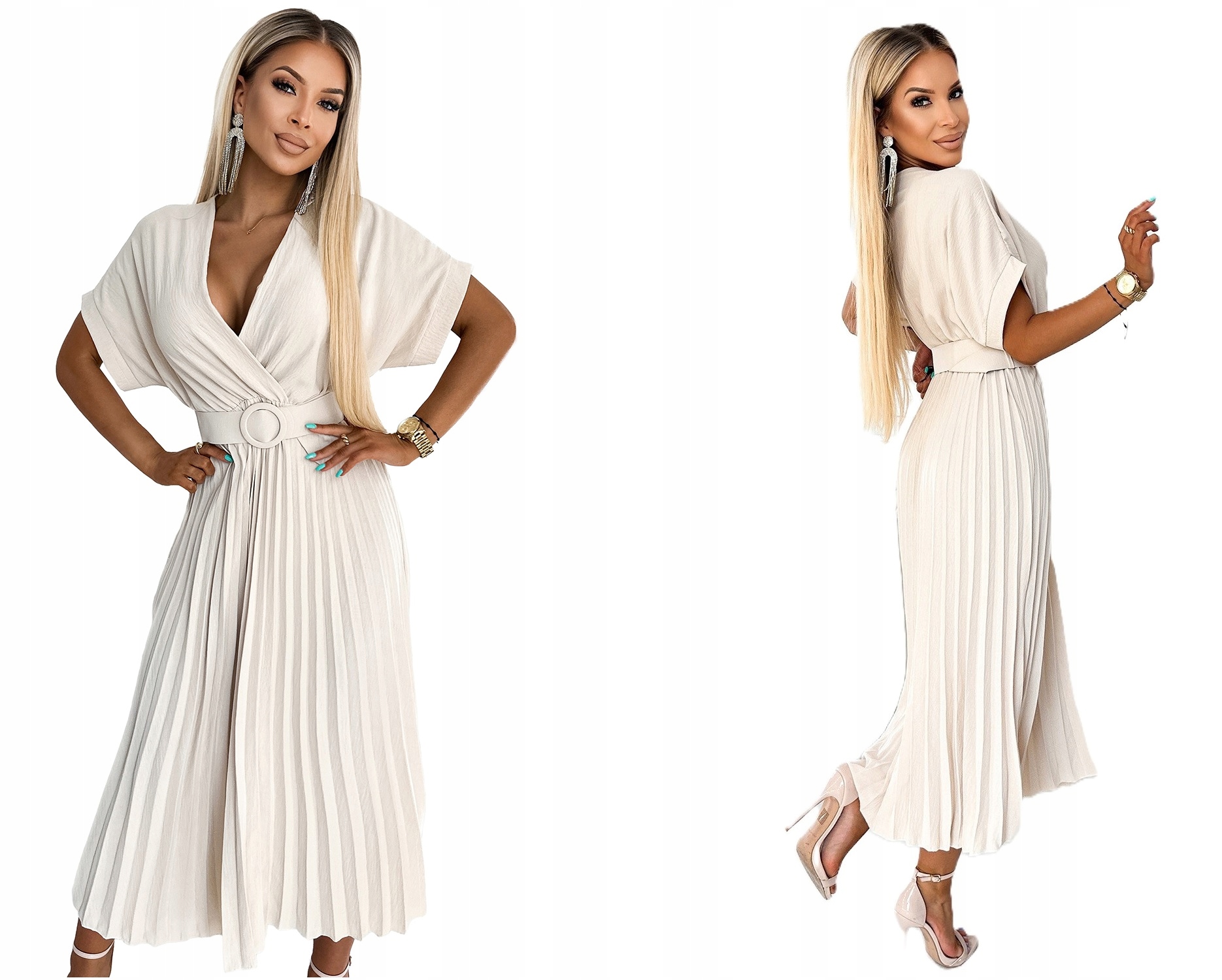 Krásná Plisovaná Dlouhá Sukně S Širokým Páskem Zdůrazňuje Pas, Béžová Barva