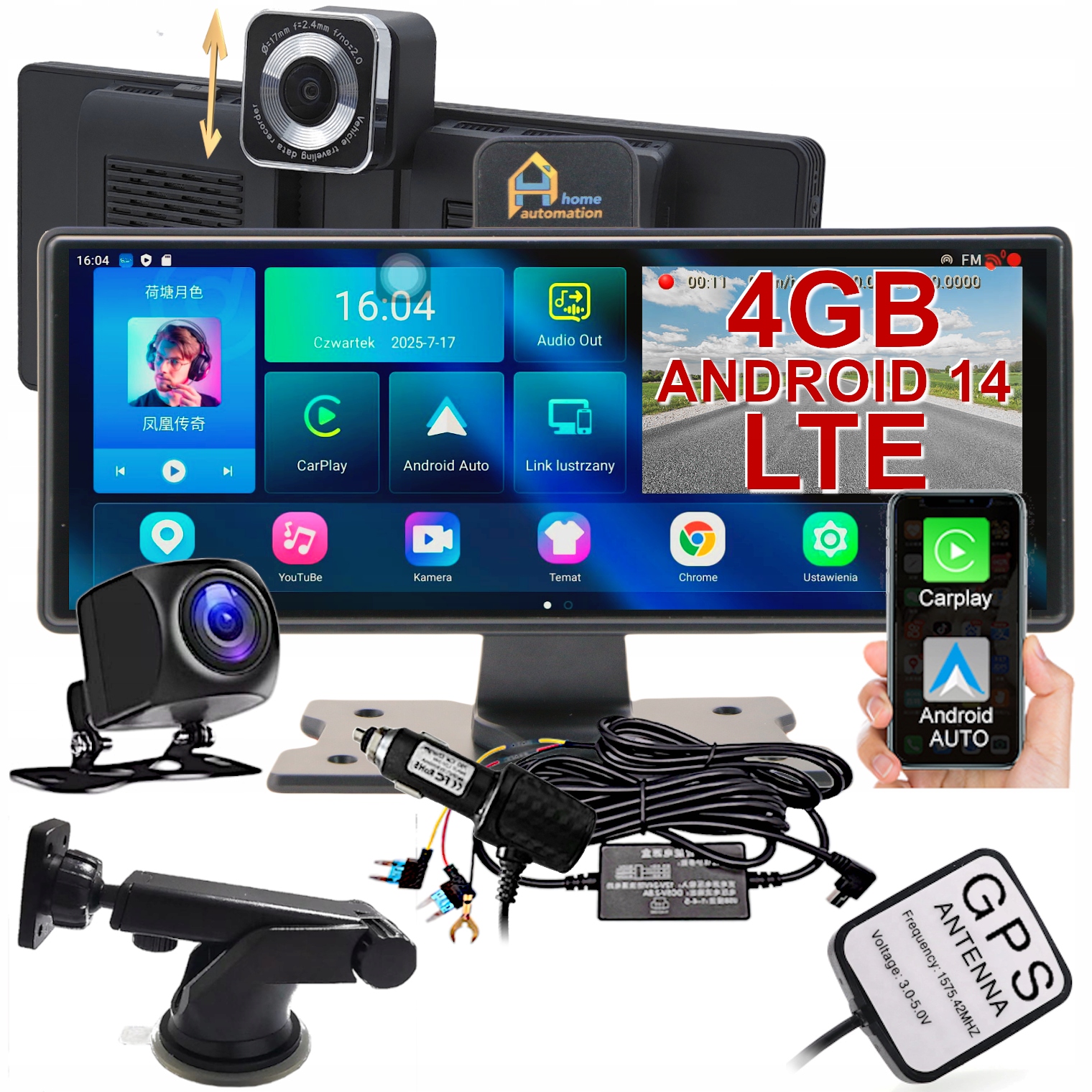 Záznamník jazdy Multimediálna stanica 10" Kamera Navigácia WiFi Android 14