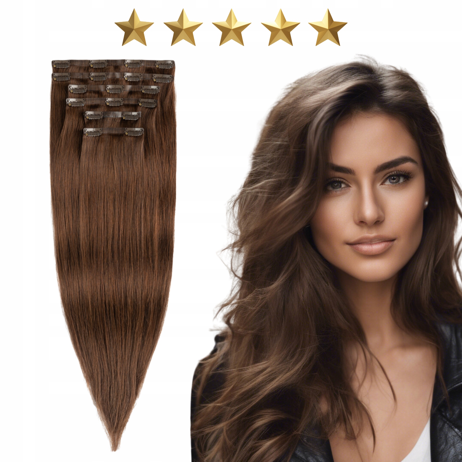 Doczepy naturalne bezszwowe włosy Clip In 50 cm 120g #4 ciepły brąz dopinki