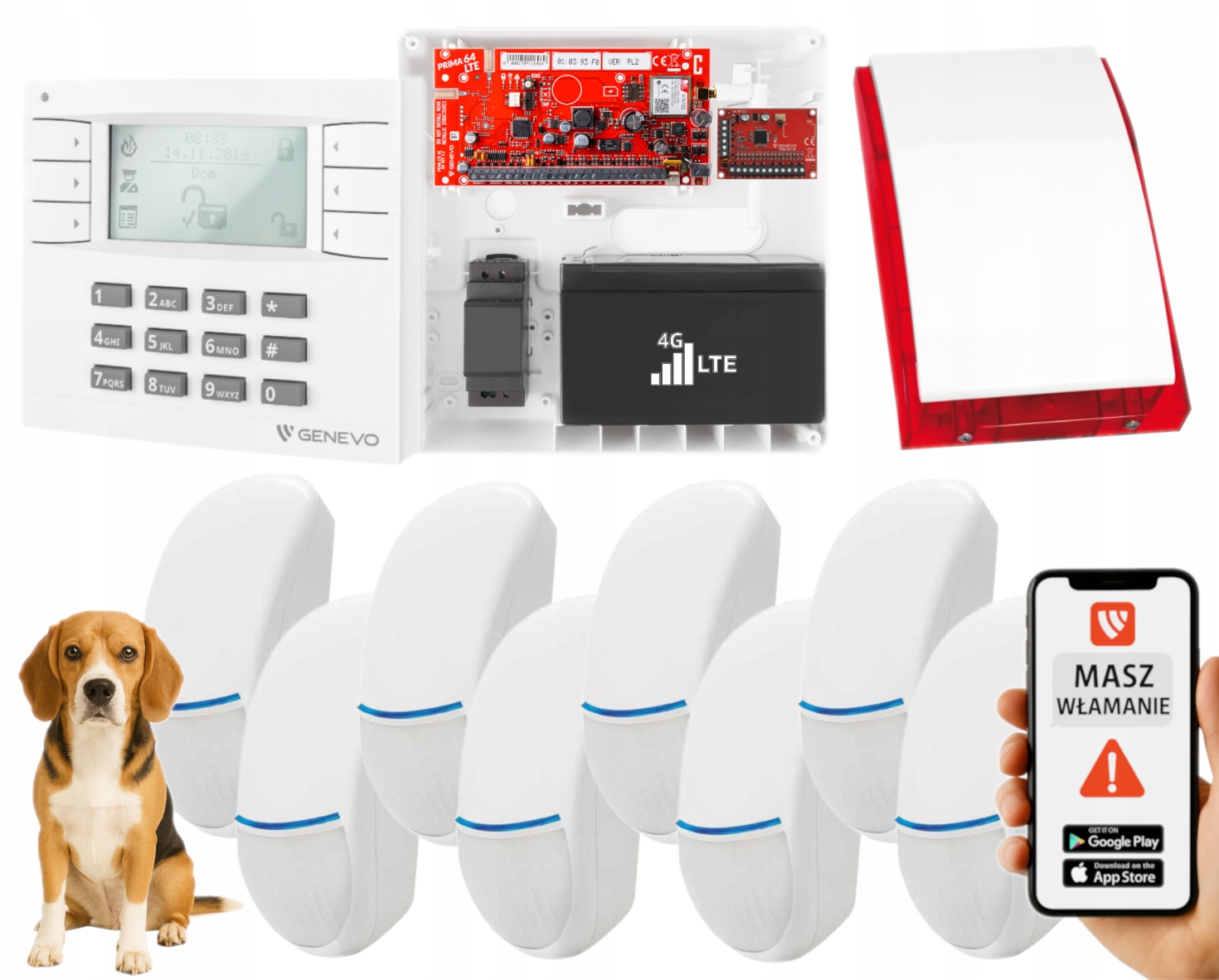 System Alarmowy PRIMA64LTE Panel LCD Strefa Nocna Gsm 8 Czujek Aplikacja