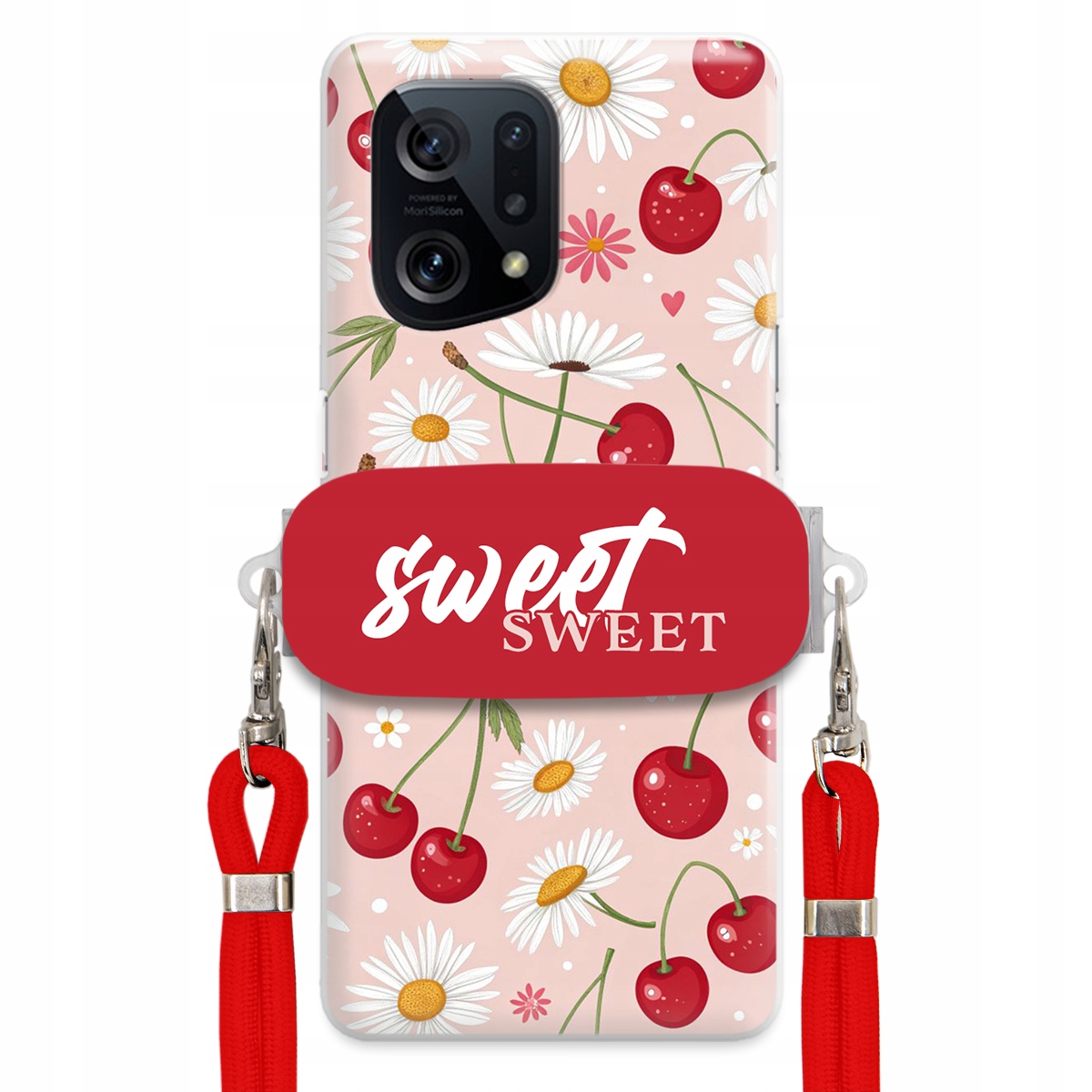 Puzdro pre Oppo Find X5 Červené vodítko Crossbody držiak Sweet Kvet čerešne