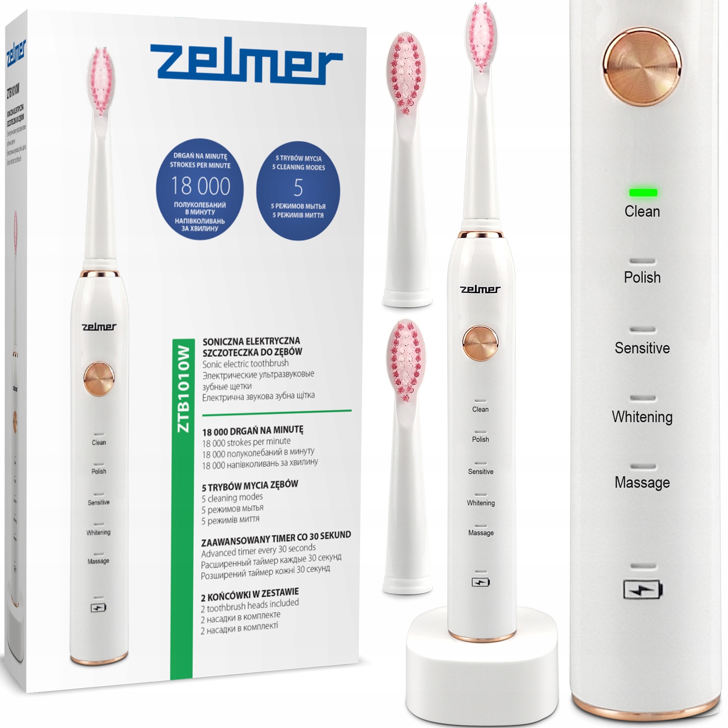 Szczoteczka Soniczna Zelmer Do Zębów Indukcyjna 2 Końcówki 18000 obr/min