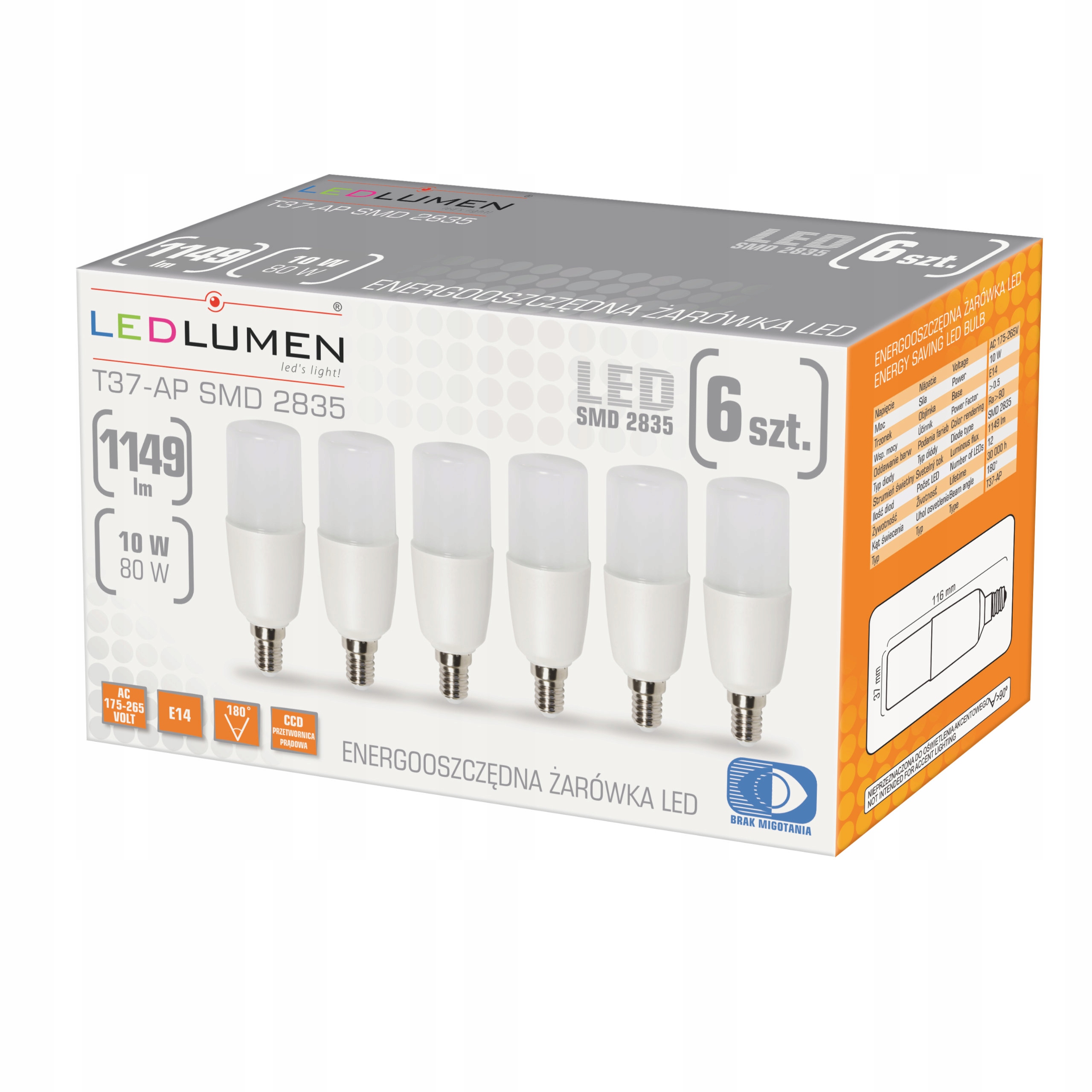 

Zestaw 6x Żarówka Led E14 10W=80W 1149lm Ledlumen