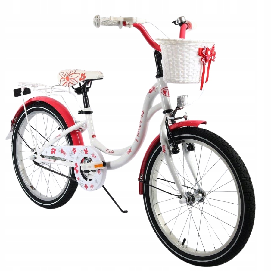 Polski Rower dziecięcy Flowers 20 cali stalowy z koszykiem biało-koralowy