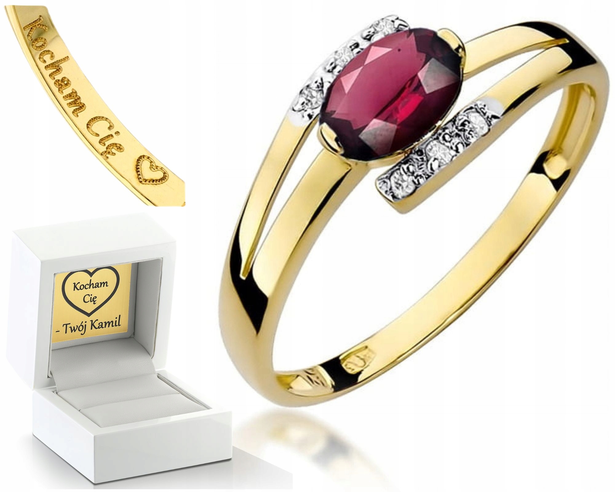 Prstýnek Zásnubní Prsten 585 S Rytým Rhodolitem A Diamanty Dárek Gravírování