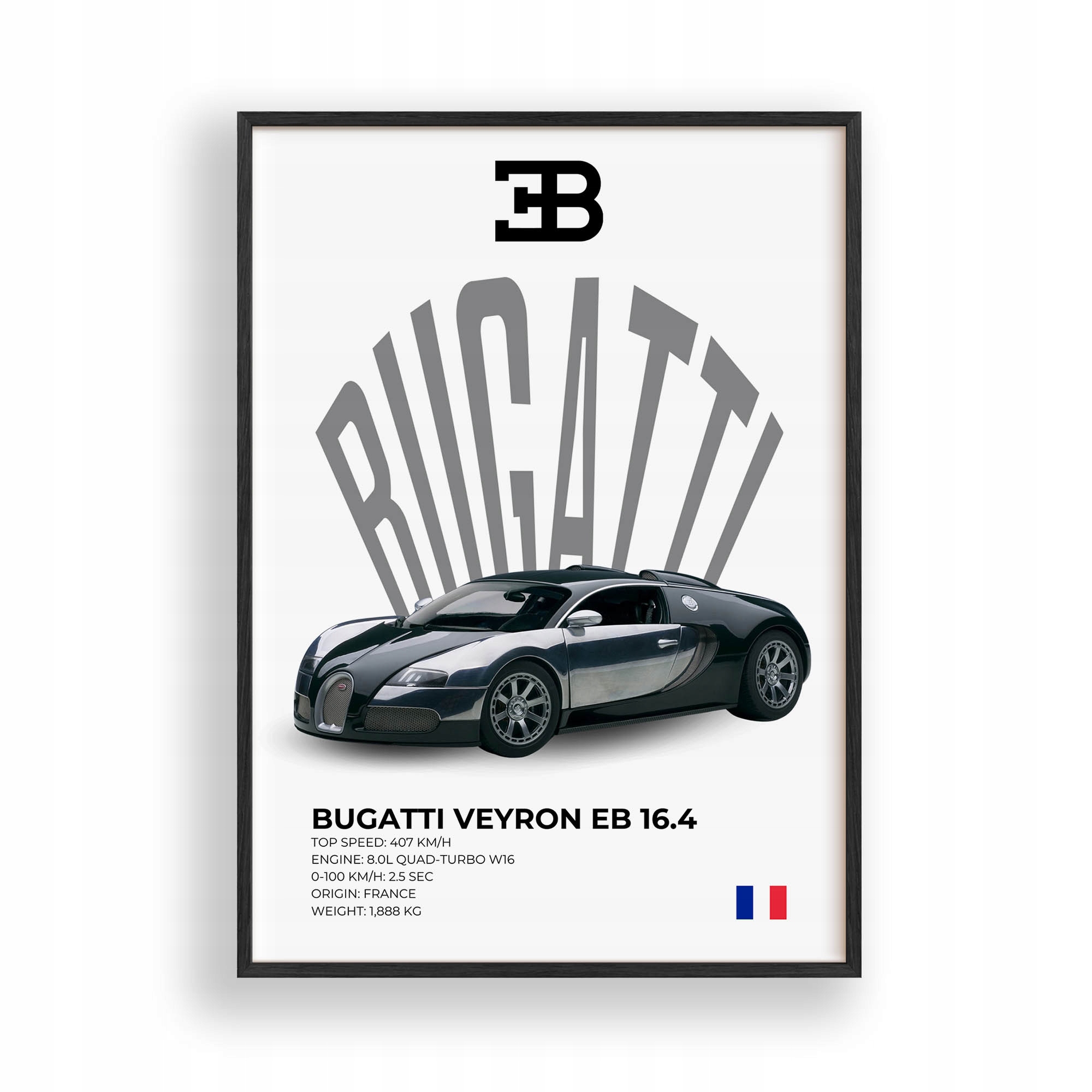 Obraz Auto Bugatti Veyron Plakát Rámeček Dřevěný Černý 30x42 cm