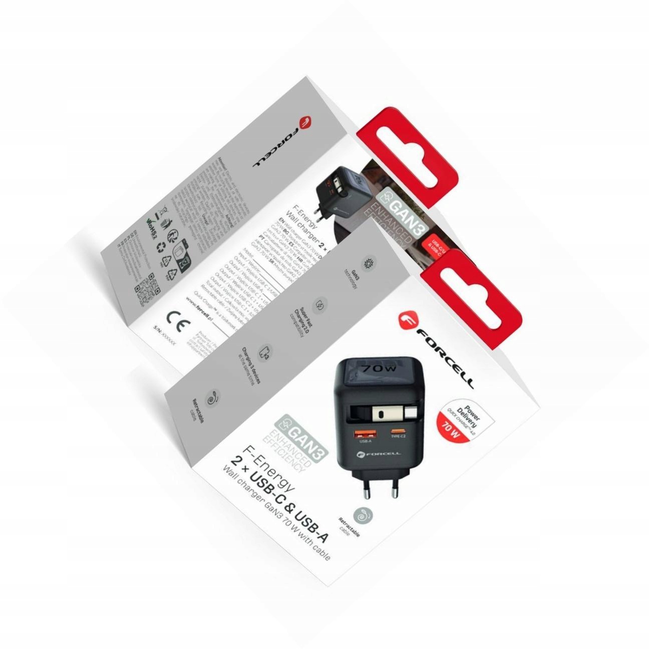 Ładowarka GaN 70W zwijanym kablem Usb-c Usb-a do Google Pixel 8a