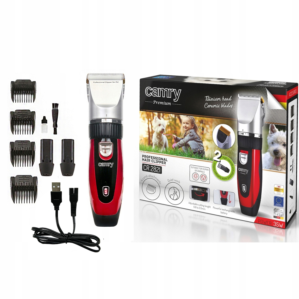 Maszynka Camry do strzyżenia zwierząt z 4 nasadkami i dwoma akumulatorami