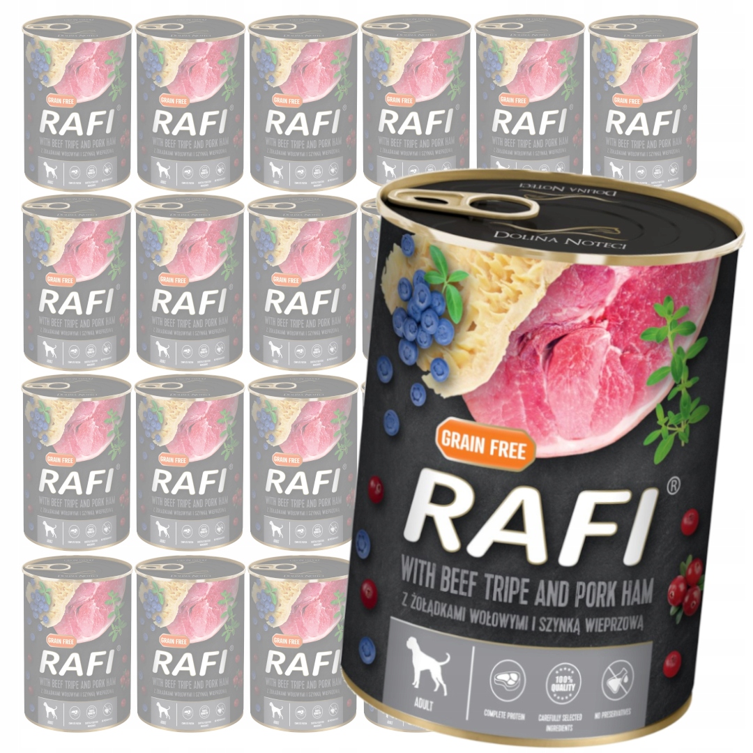 Rafi 24x400g Vlhké Krmivo pro psy s hovězími žaludky a vepřovou šunkou