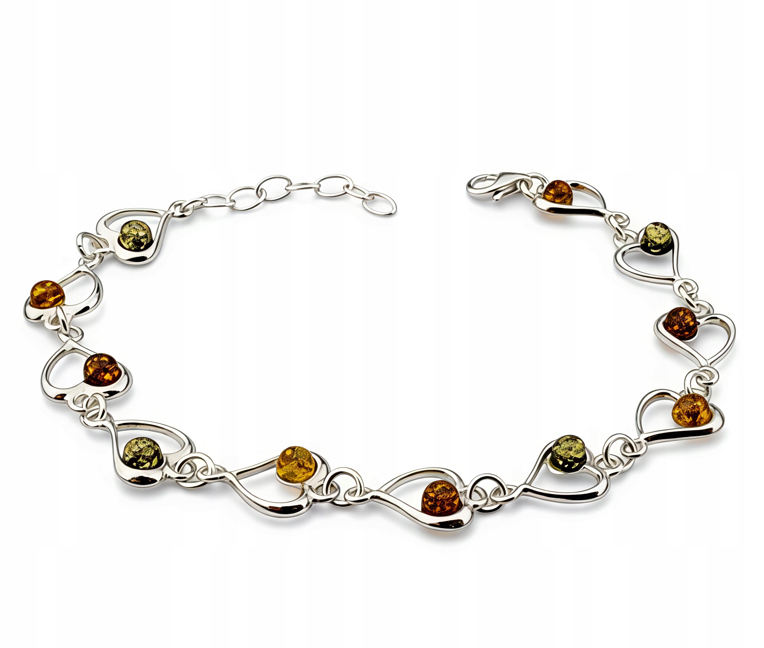 Náramek stříbro baltský jantar srdíčka barevný