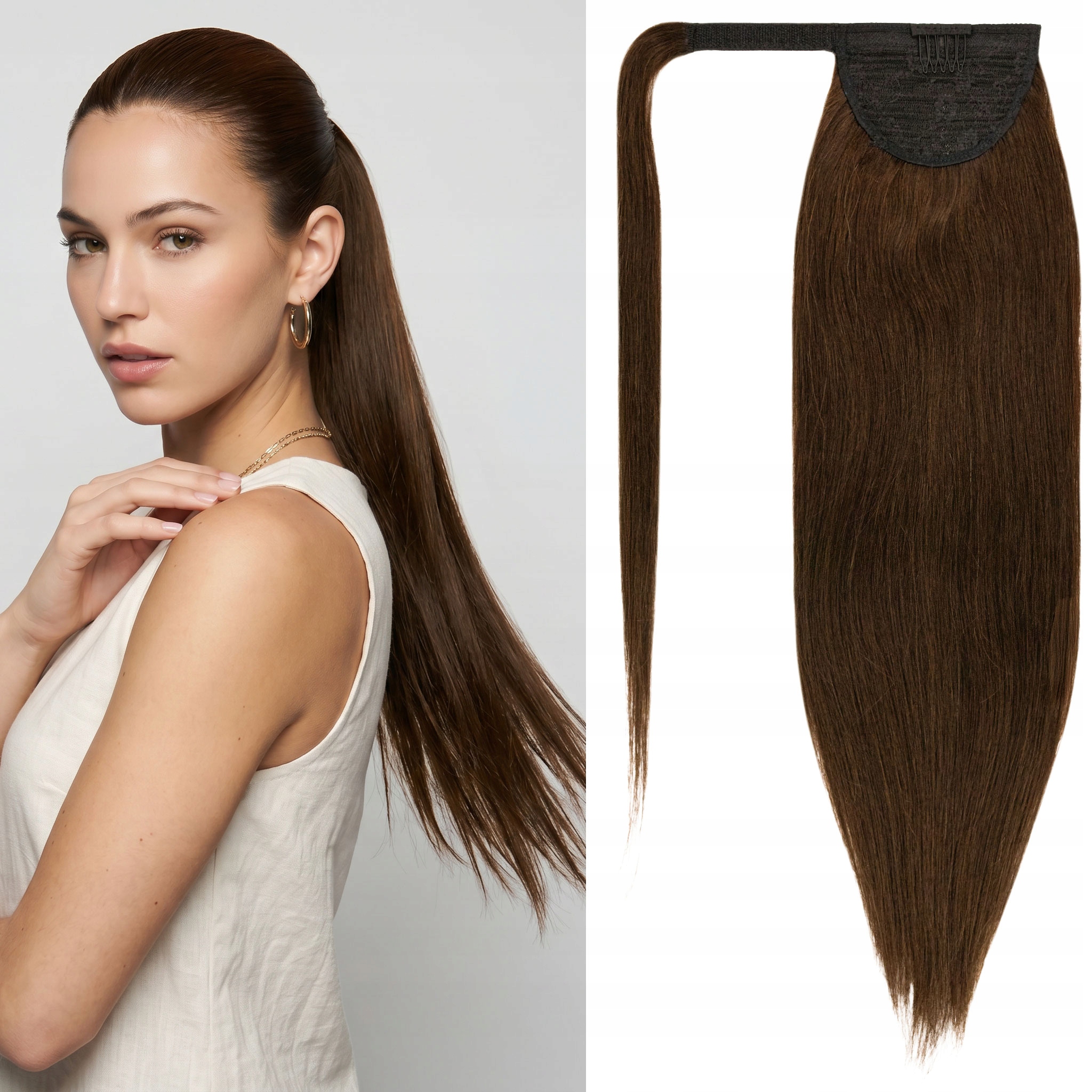 Kůň připínací na suchý zip, vlasy lidské přírodní 55 cm, 80 g, kýta rovná, hnědá