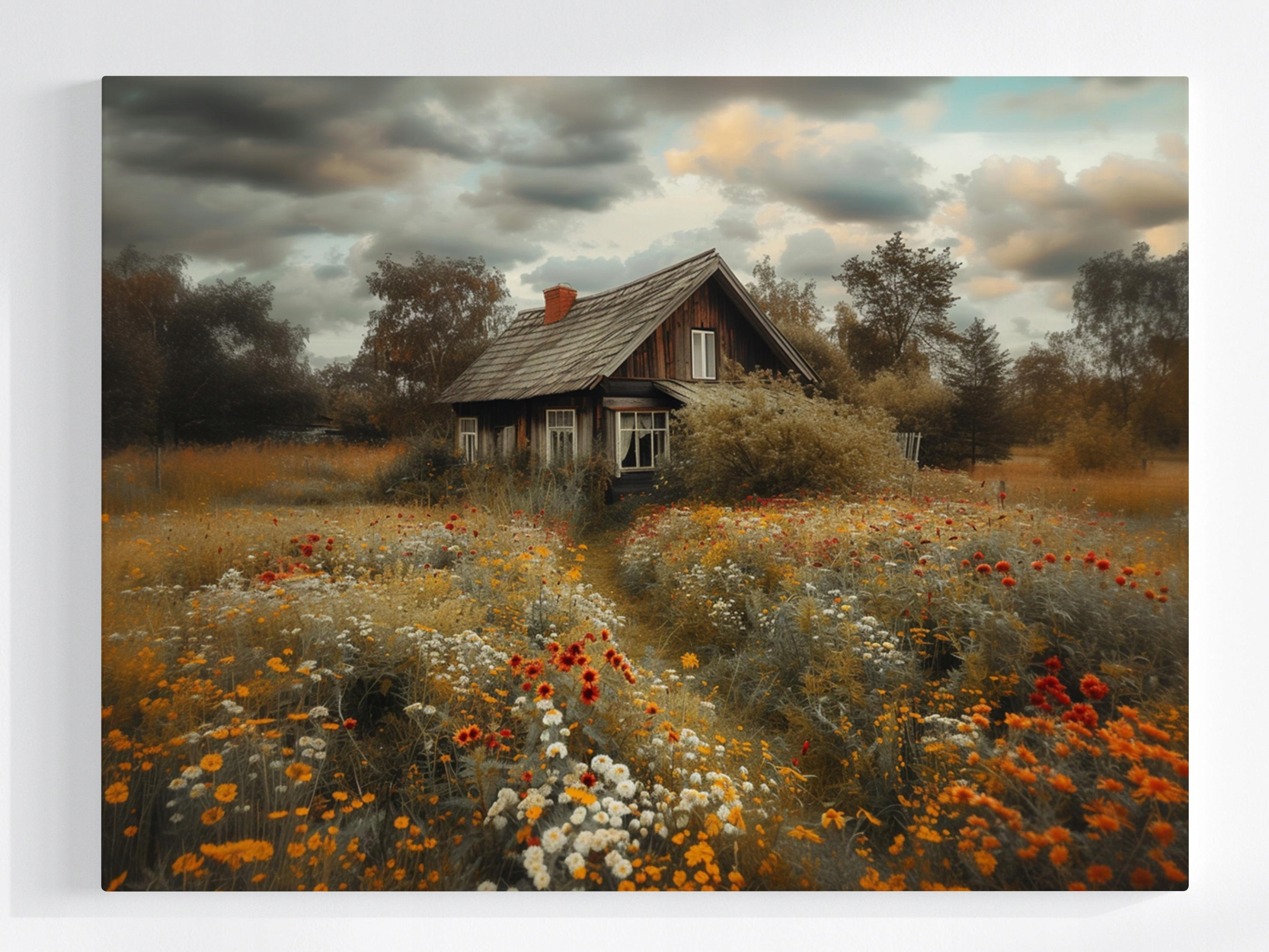 Obraz Na Plátně Canvas Domek Chat Louka Vesnice Podzim Květiny Příroda 100x75