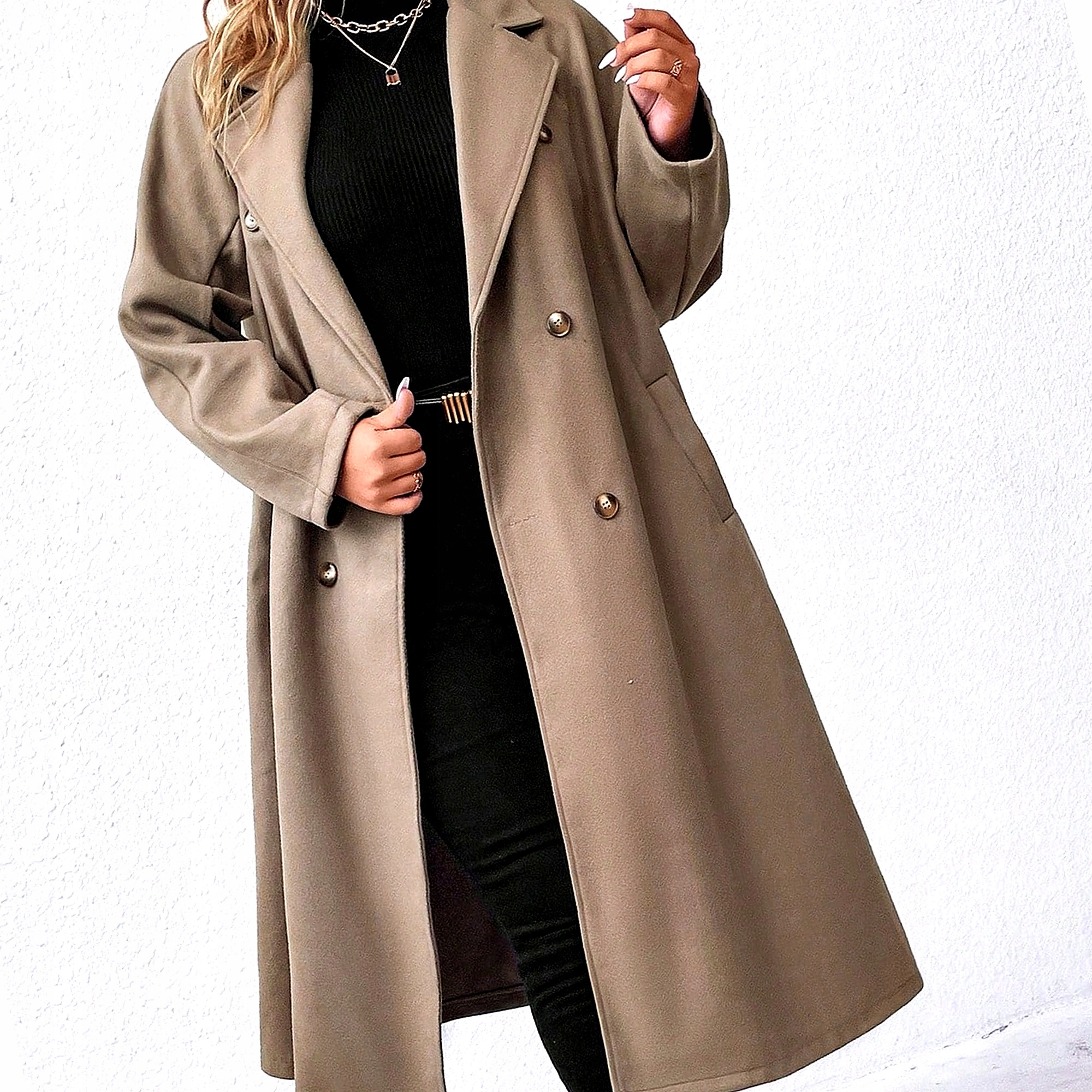 Dámský elegantní dvouřadý dlouhý čokoládový kabát XL 42