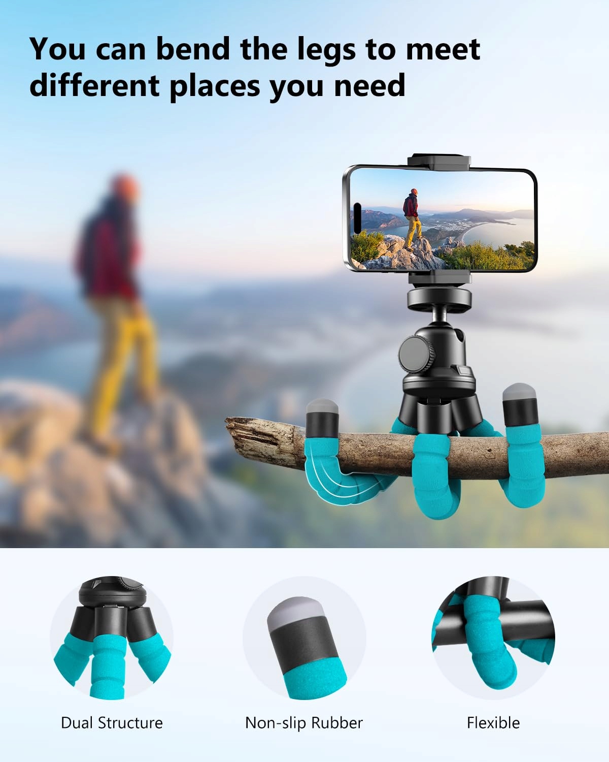 UBEESIZE Statyw Mini Do Smartfona I Kamery Z Pilotem Bluetooth Niebieski — miniatura 3