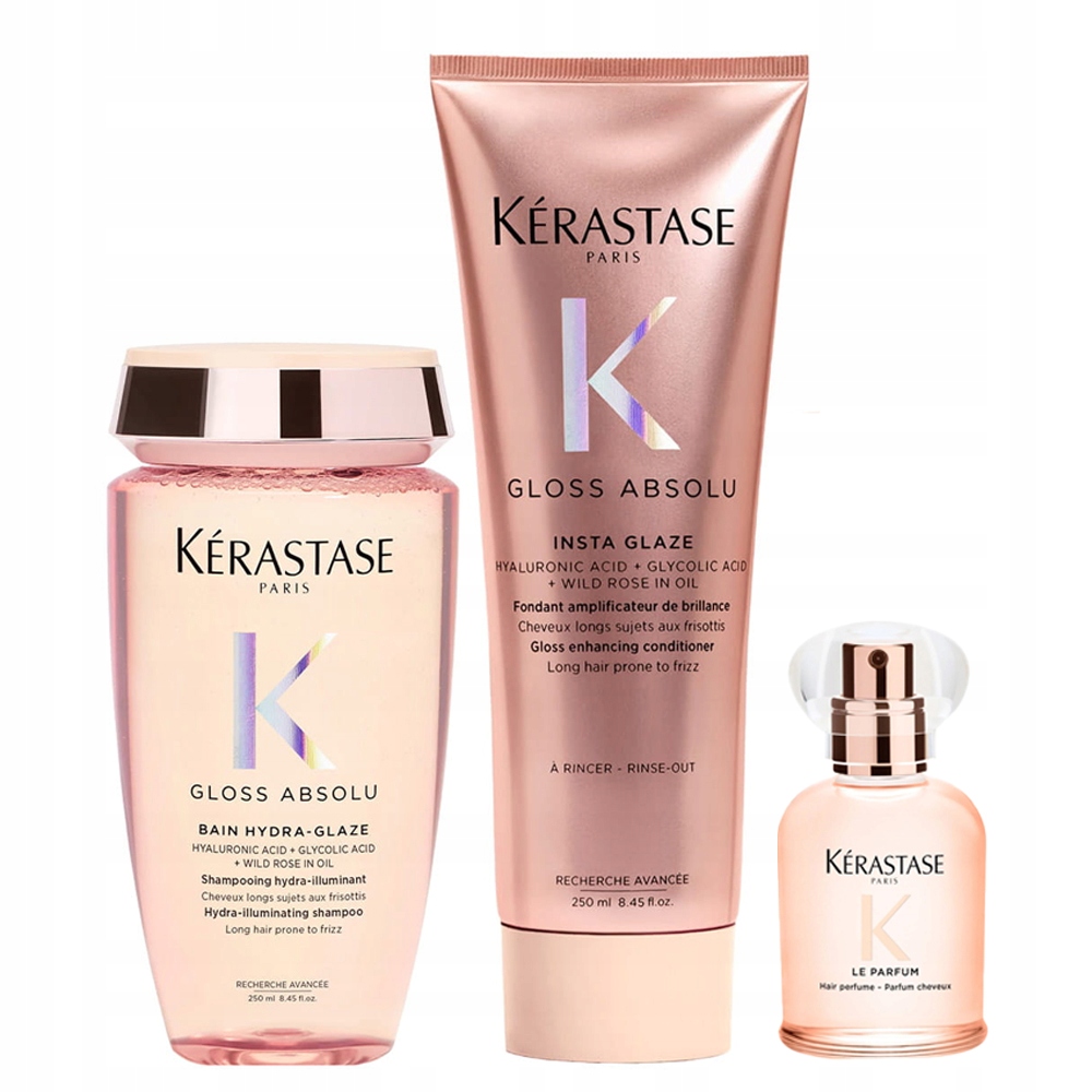 Gloss Absolu zestaw włosy puszące się szampon odżywka perfumy