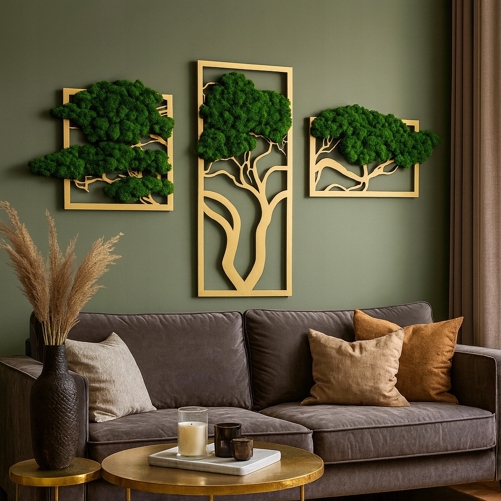 Triptych Dřevo zlatý 110 cm mech chrobotek Dekorace S Mechem Chrobotkem