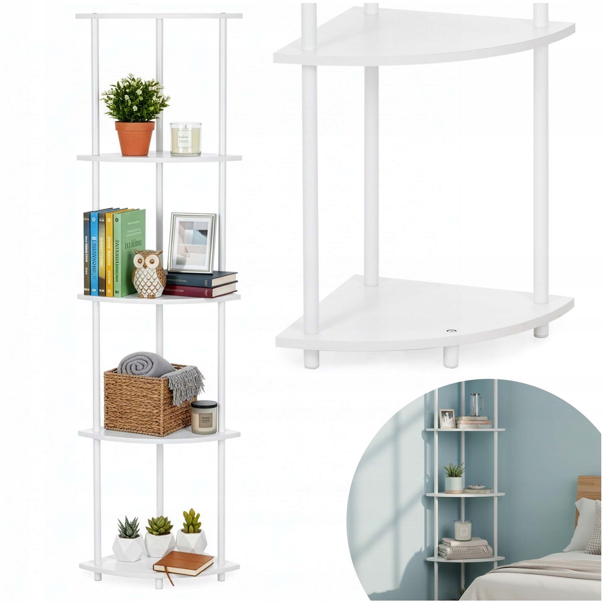 Rohový Regál, Police Na Knihy, Květiny, 5 Úrovní, Bílá Barva, Moderní Vzhled Do Obývacího Pokoje