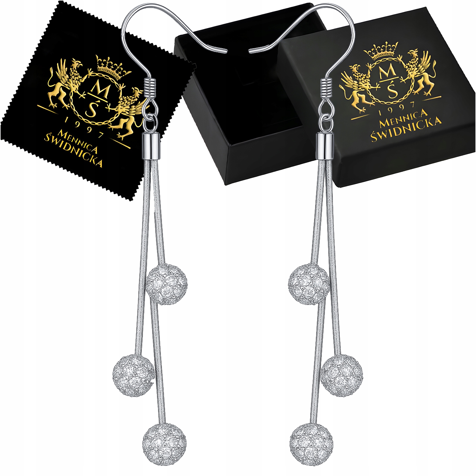 Kolczyki Srebrne Srebro 925 Wiszące Kulki z Cyrkoniami Długie