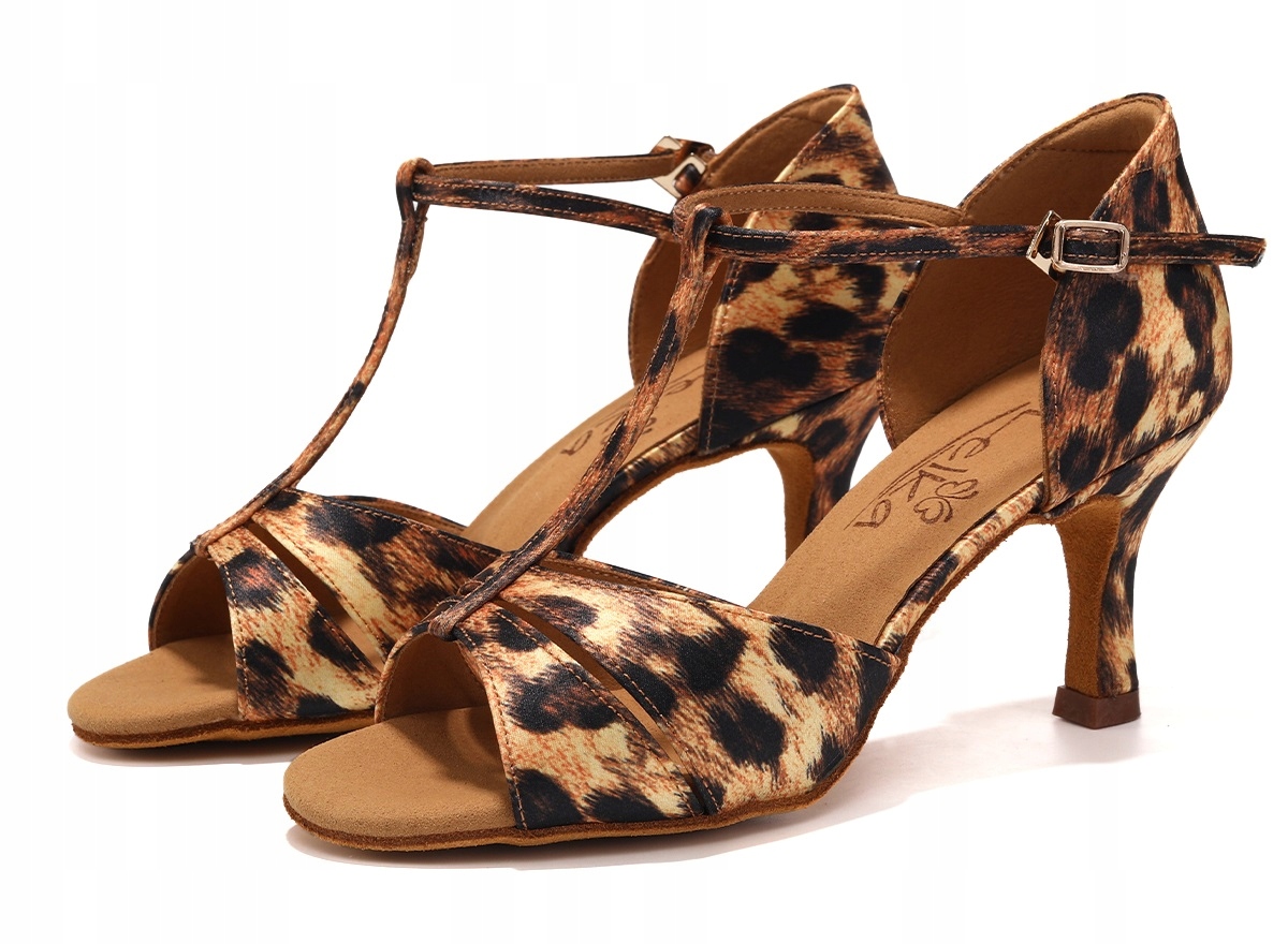 Buty Do Tańca Taneczne Damskie Satynowe Panterka Z Szybkim Zapięciem 7,5cm