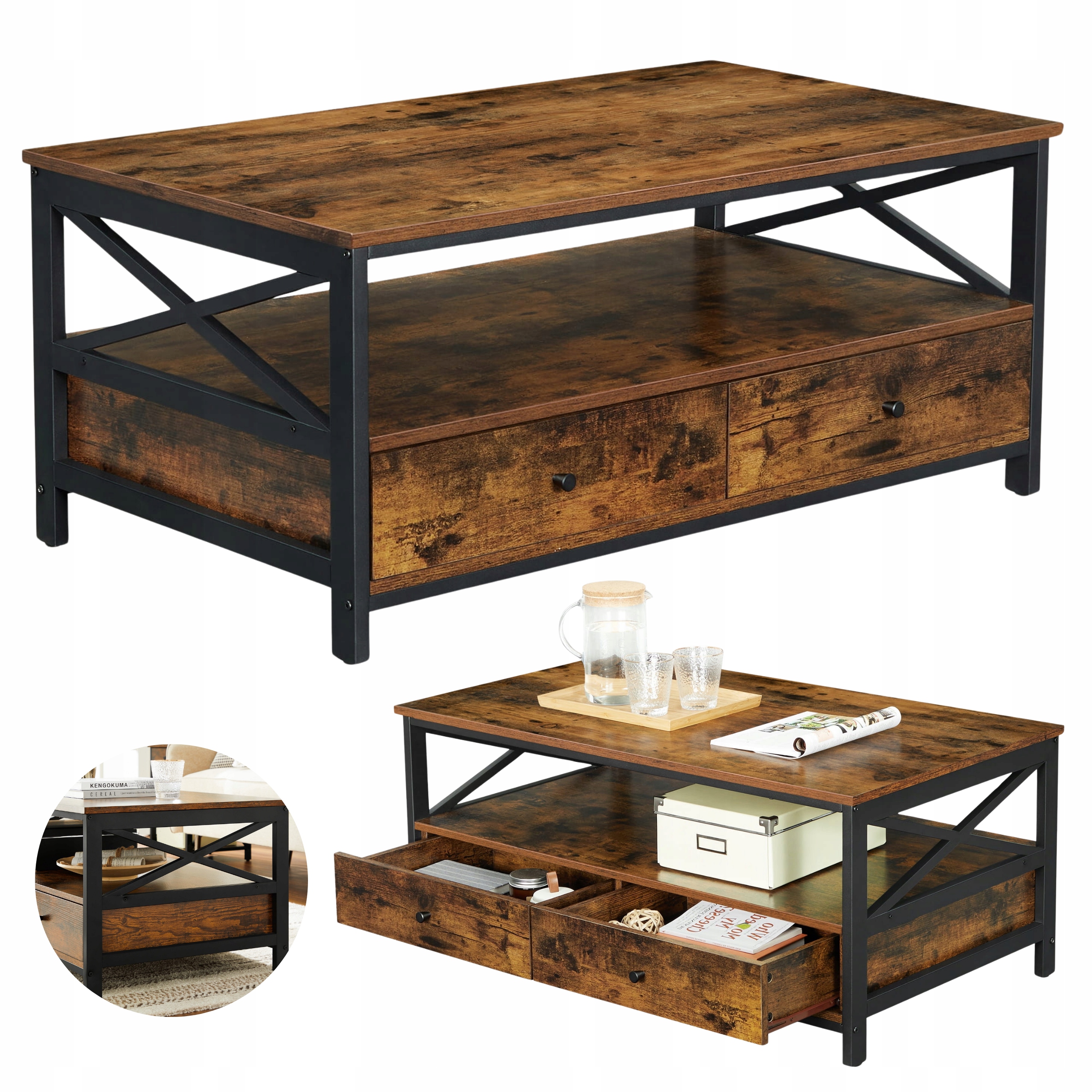 Konferenčný stolík lavica s výsuvnými zásuvkami 55x100 cmx47 cm, rustikálny hnedý