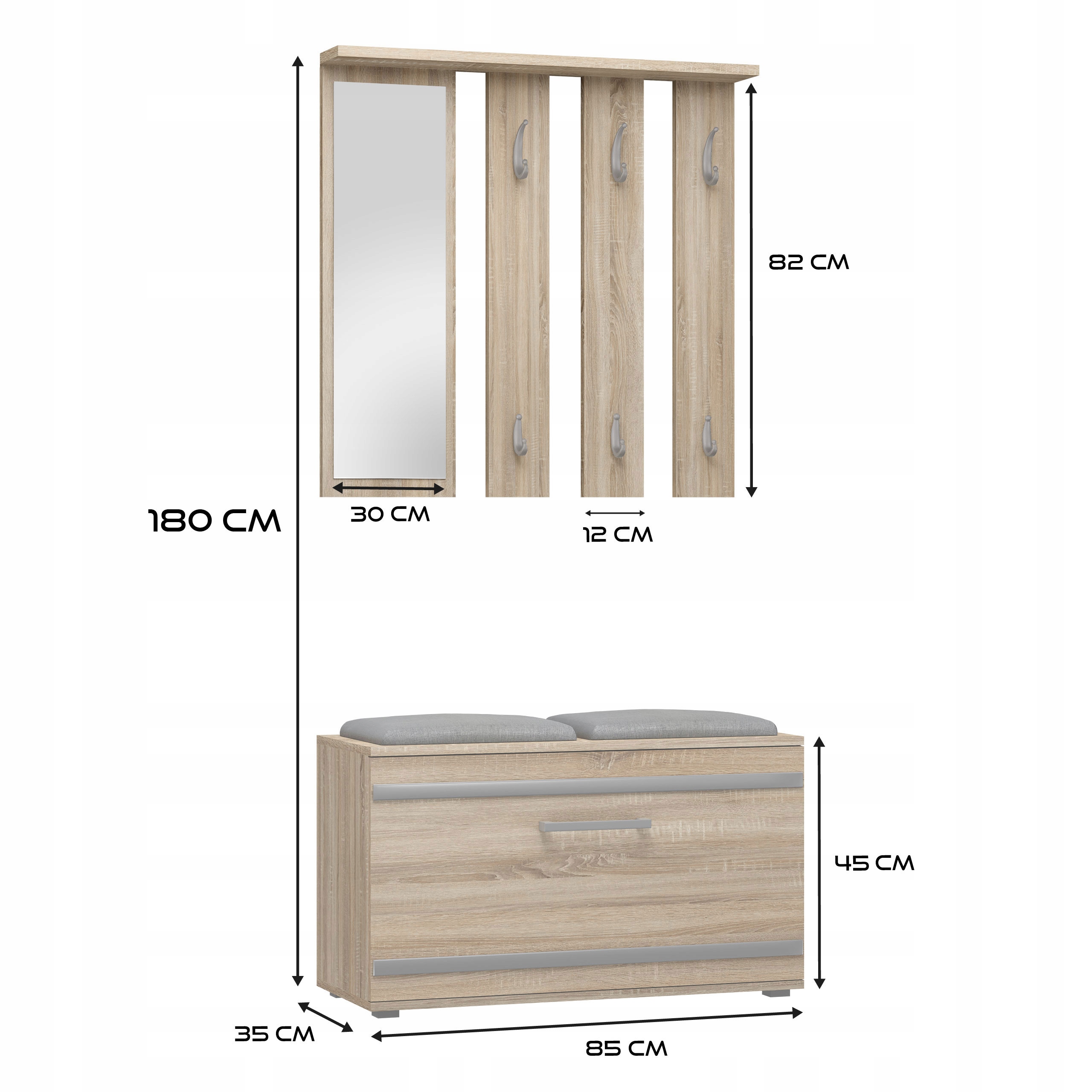 GARDEROBA OPAL II SONOMA LUSTRO WIESZAK SIEDZISKO Szerokość mebla 85 cm
