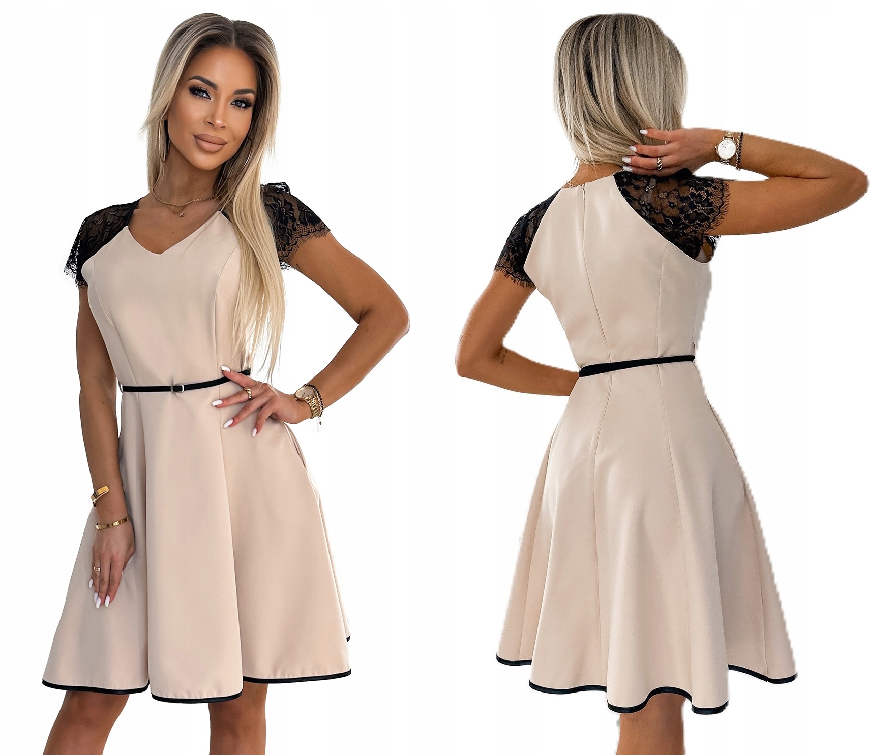 Šaty Do Kanceláře S Jemnou Krajkou Na Rukávech A Páskem, Béžová S