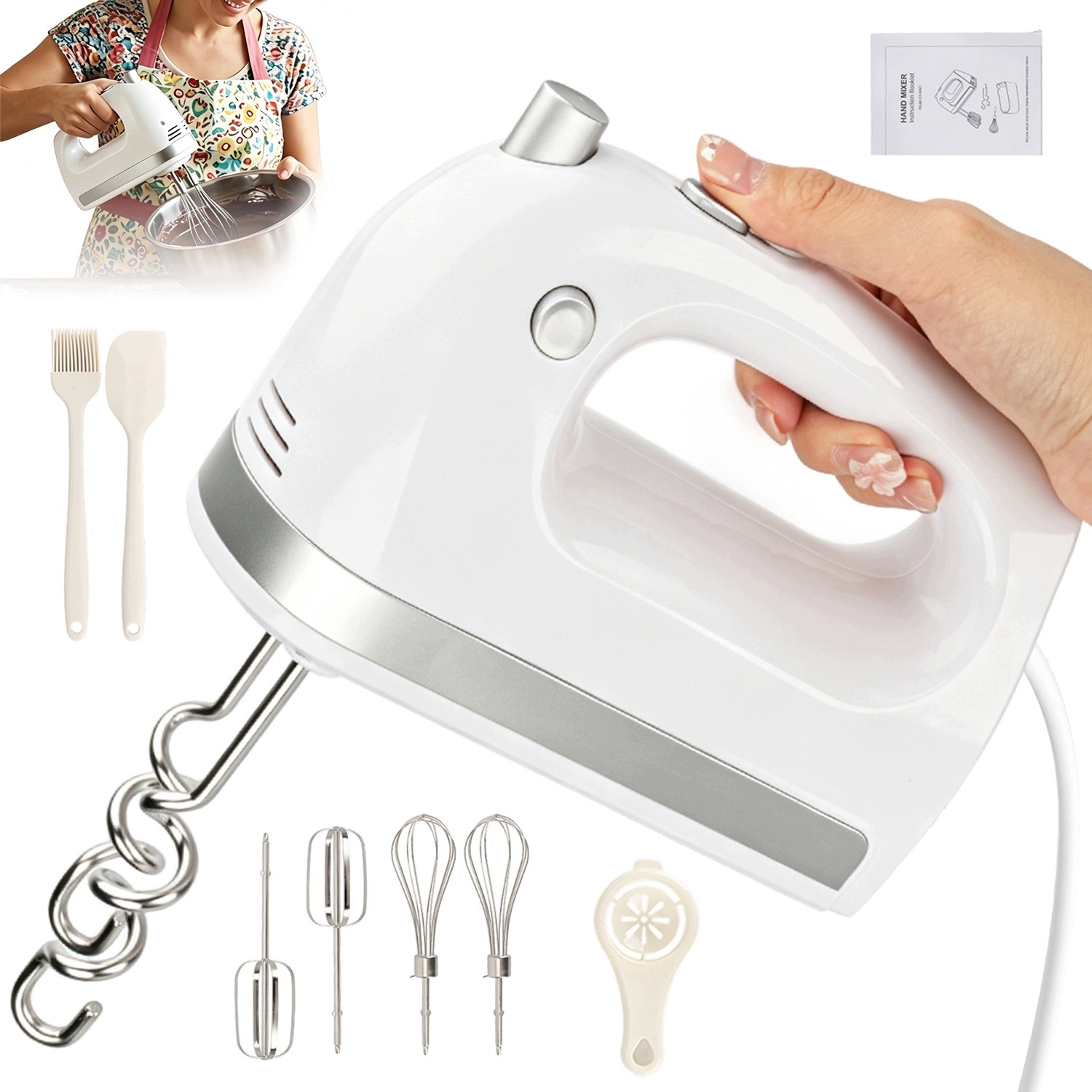 Výkonný Ruční Mixér 300W 6 Nástavců 2 Šlehací Metly Volný Start 5 Rychlostí