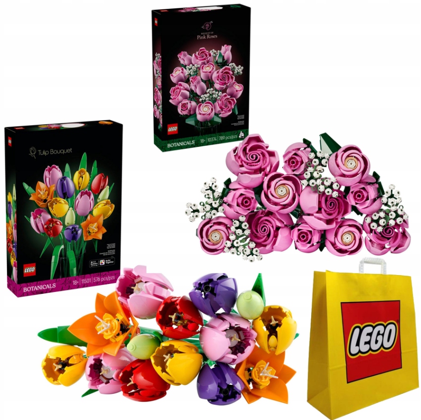 Lego 10374 Kytice růžových růží Lego 11501 Kytice tulipánů taška