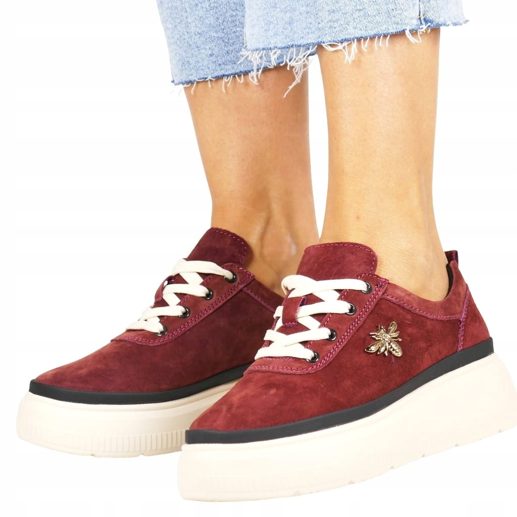 Vínové Tenisky Z Kůže, Polobotky Na Platformě S Včelkou, Velikost 40