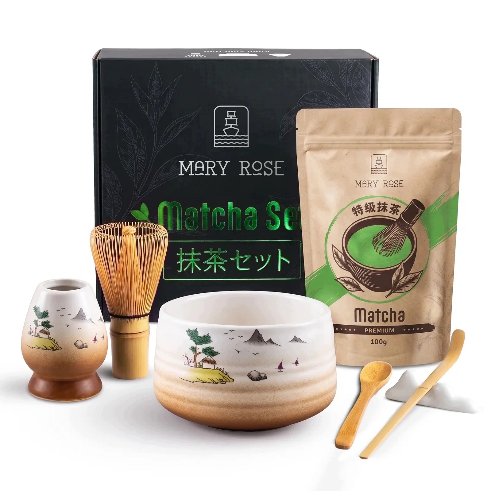 Dárková sada Matcha Denní Mary Rose 100 g příslušenství pro Matchu