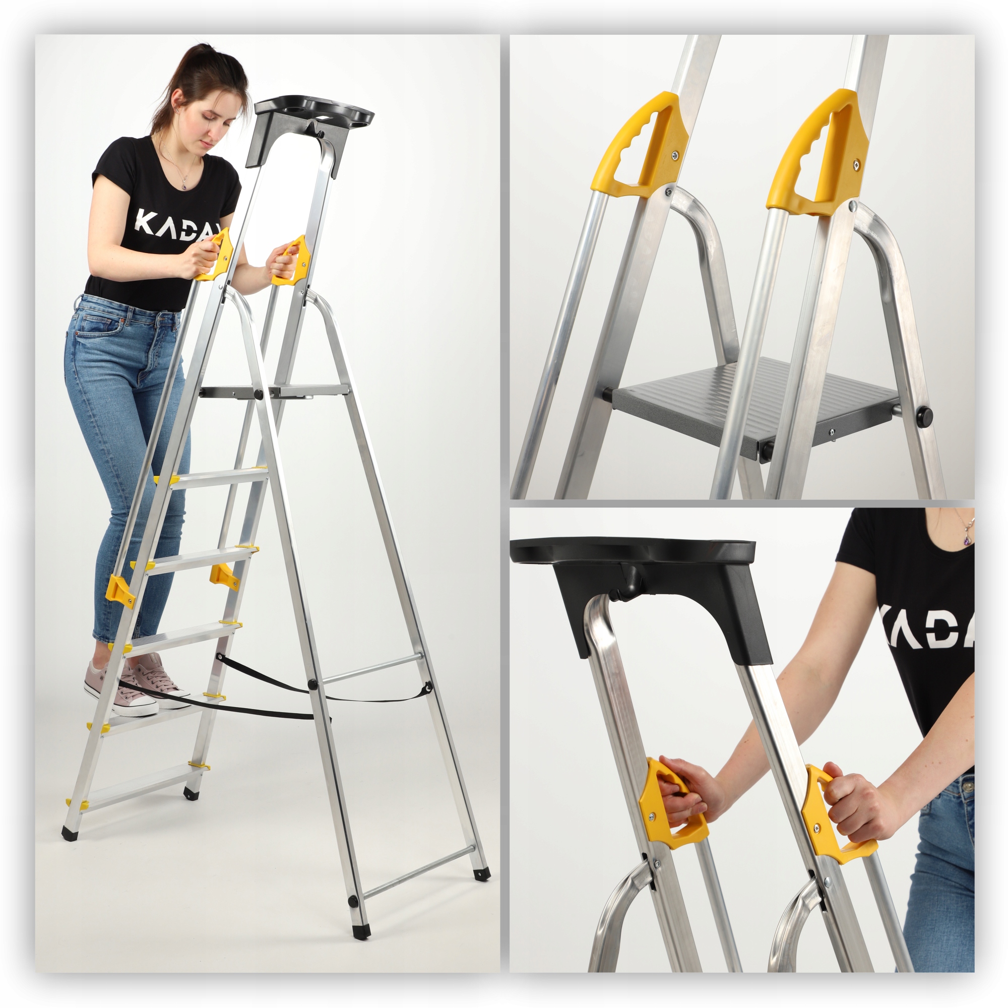 DRABINA ALUMINIOWA DOMOWA 6 STOPNIOWA SKŁADANA Z PORĘCZAMI + HAK Marka Kadax