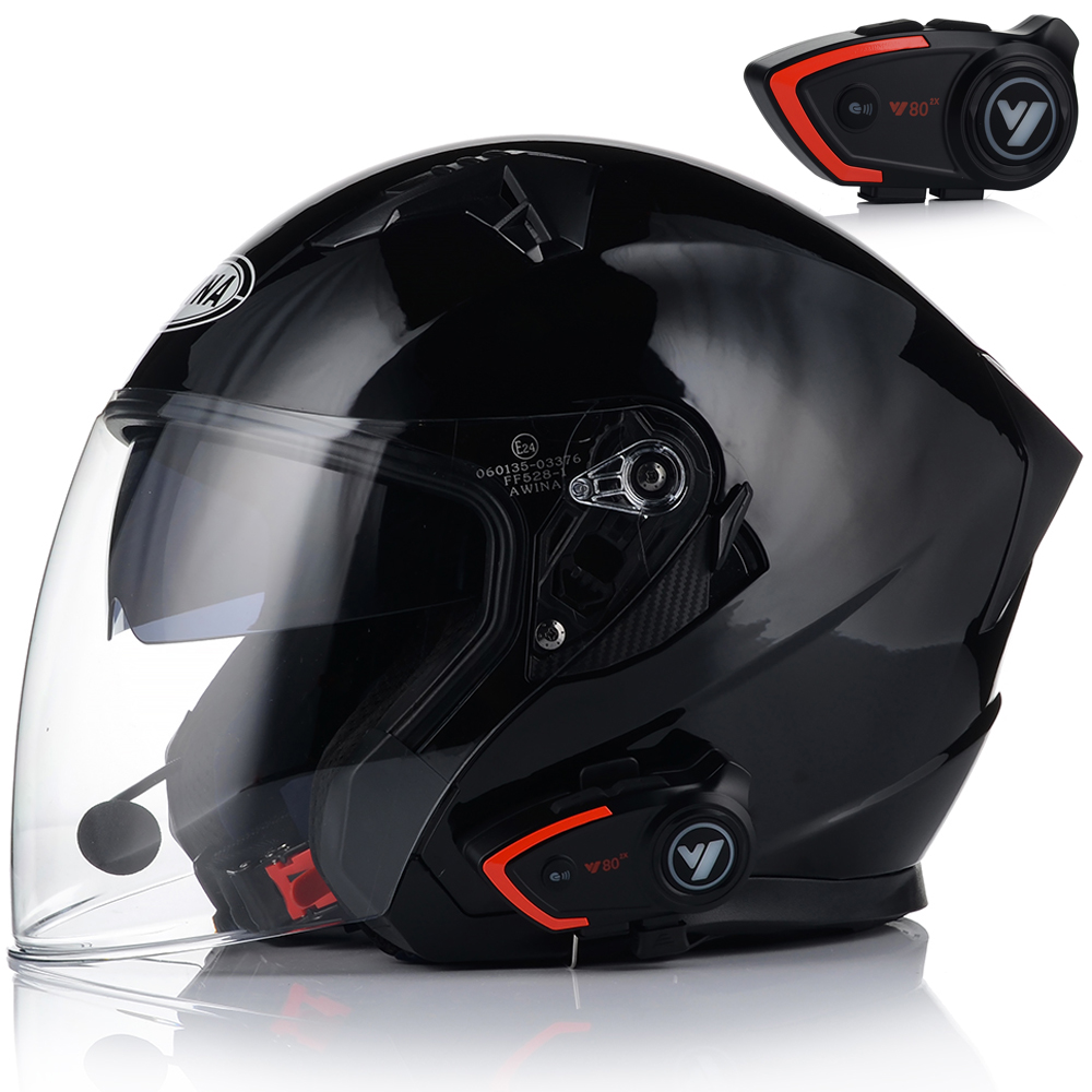 Otvorená Motocyklová Prilba Čierny Lesk Skúter Chopper Blenda Interkom