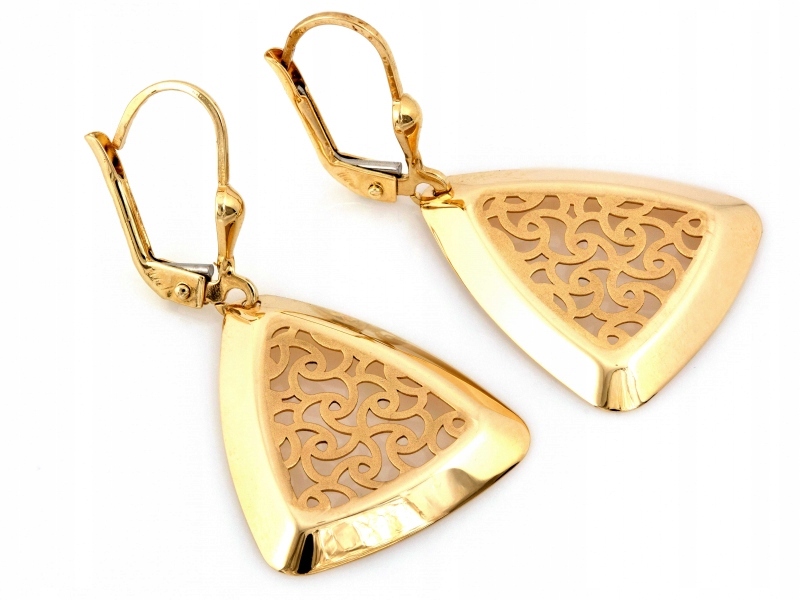 Náušnice 585 zlaté závěsné nadčasové zdobené ažurové trojúhelníky se saténem