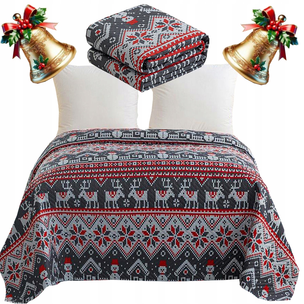 Vánoční přehoz na postel 220 x 200 cm, prošívaný, vánoční vzor