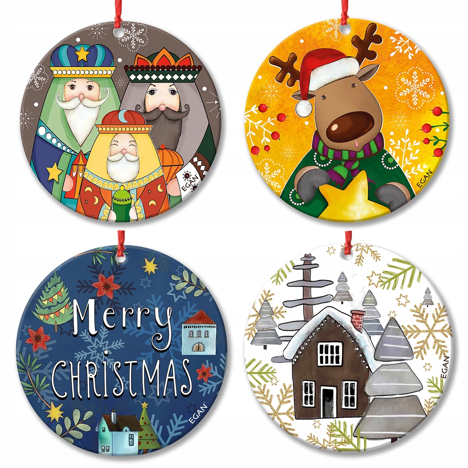 Sada 4 přívěsků na vánoční stromeček 7,5 cm 3 Králové, Sob, Merry Christmas,