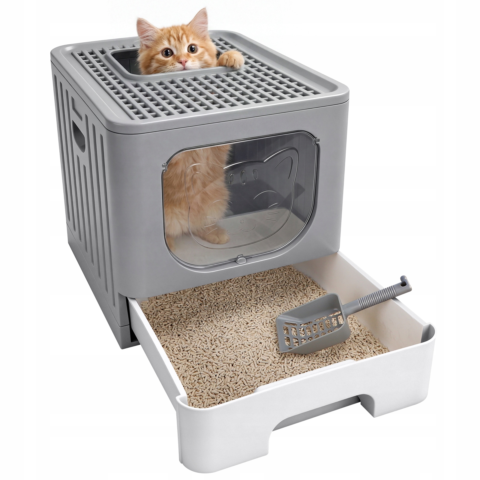 Levně toaleta pro kočky XL skládací s zásuvkou a polouzavřeným filtrem s lopatkou