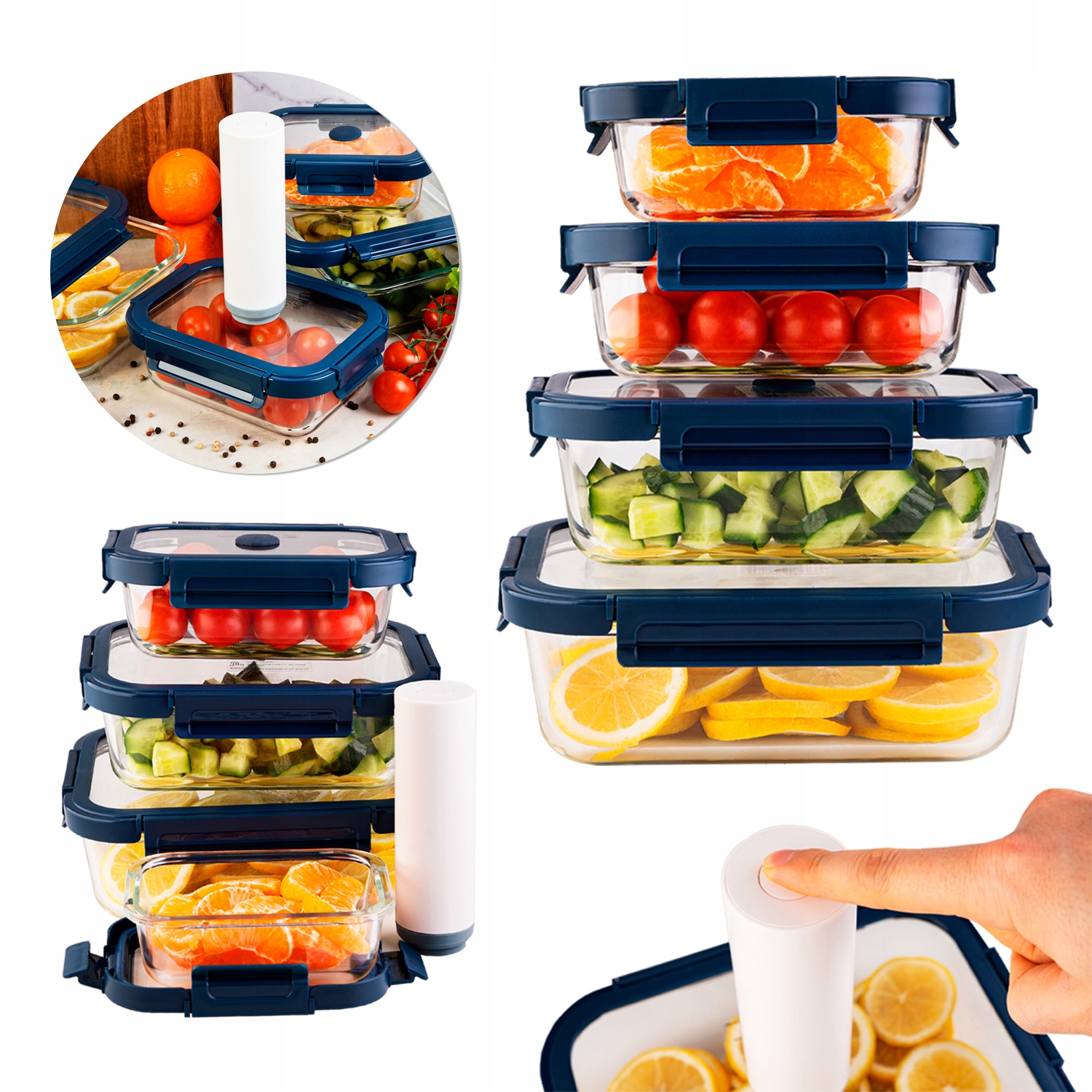 Zestaw 4 sztuki pojemniki szklane lunchbox próżniowe do żywności Pompka