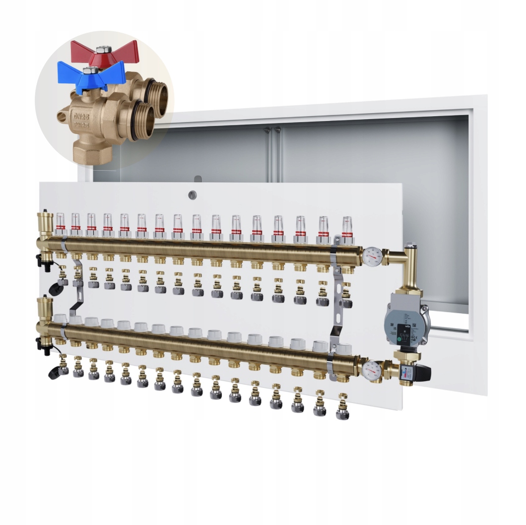 Rozdělovač podlahového vytápění 16 Skříňka Pod OMÍTKU+Wilo+PEX+VENTIL Kul Úhel