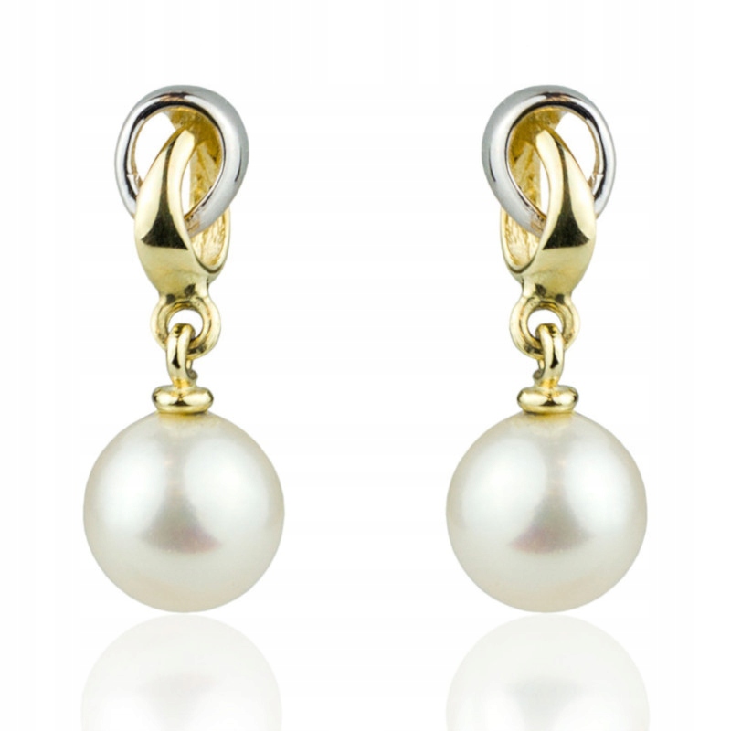 Výjimečné Elegantní Náušnice S Kulatými Perlami, Bílé A Žluté Zlato 14K