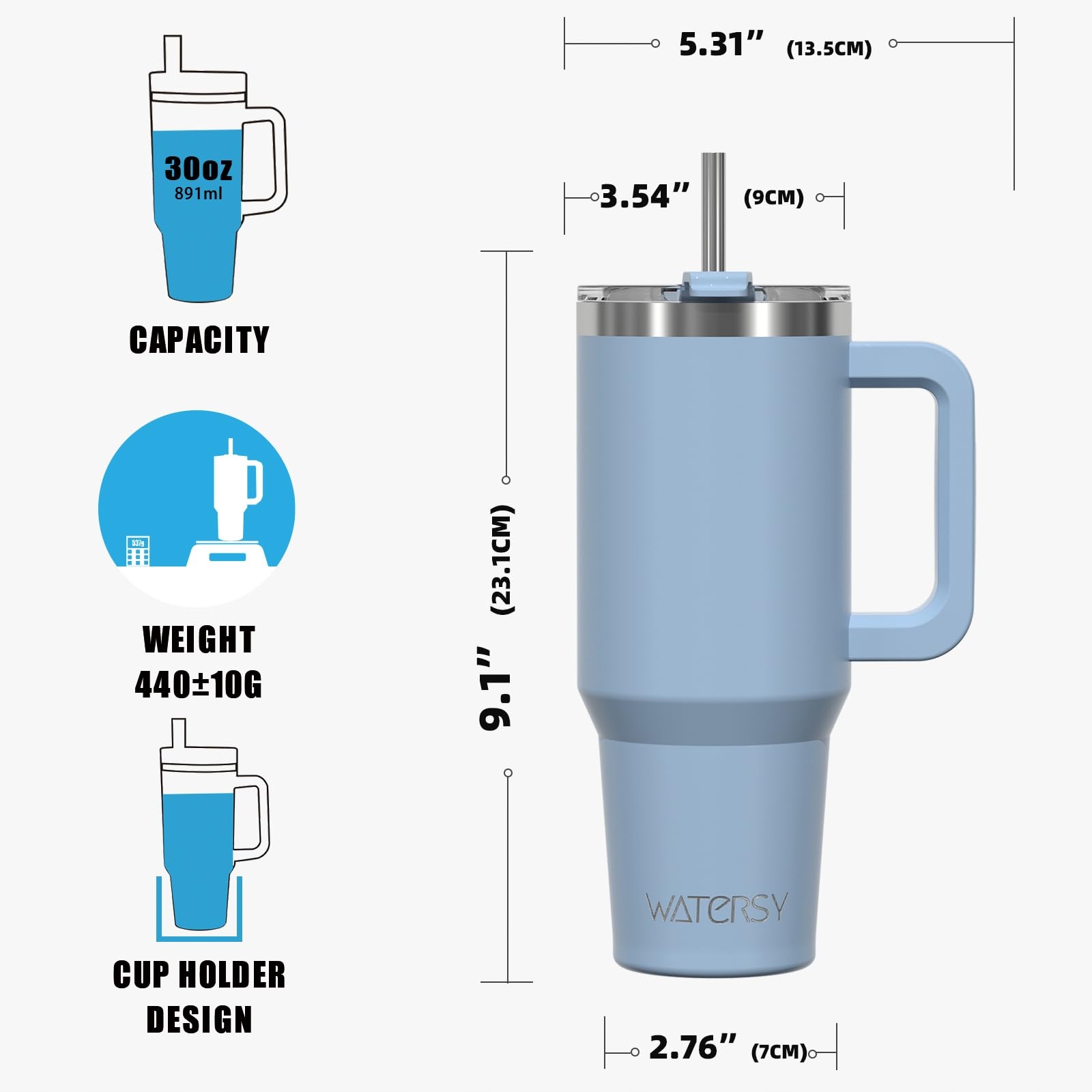 WATERSY KUBEK TERMICZNY 891ML STAL NIERDZEWNA Z UCHEM I SŁOMKĄ — miniatura 6