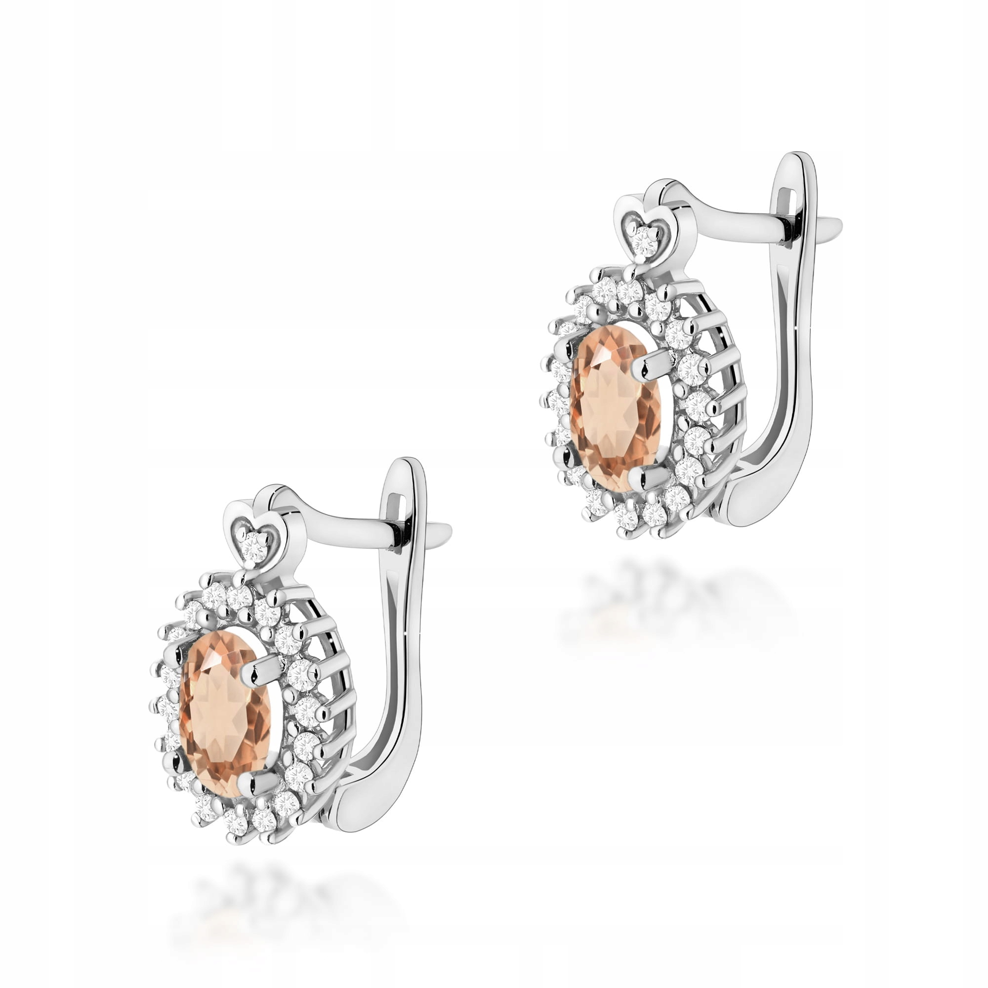 Luxusní náušnice z bílého zlata 585 s morganitem a srdcem, 2 g, diamanty