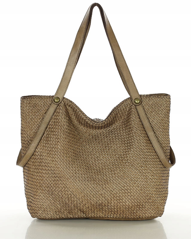 Torebka damska skórzana duży shopper z Plecionej Skóry Marco Mazzini beżowa