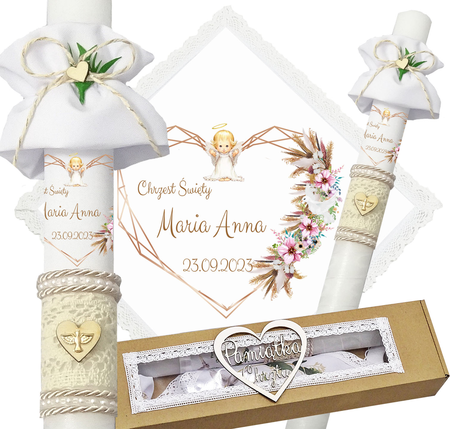 BIAŁA SZATKA I ŚWIECA DO CHRZTU CHRZEST IMIĘ