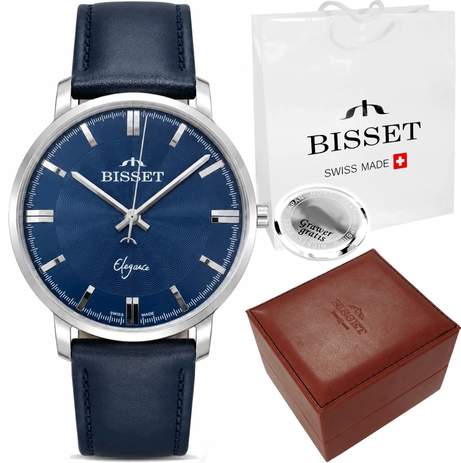 Švýcarské pánské hodinky Bisset Athon Indexy Kožený Opasek Gravírování Box