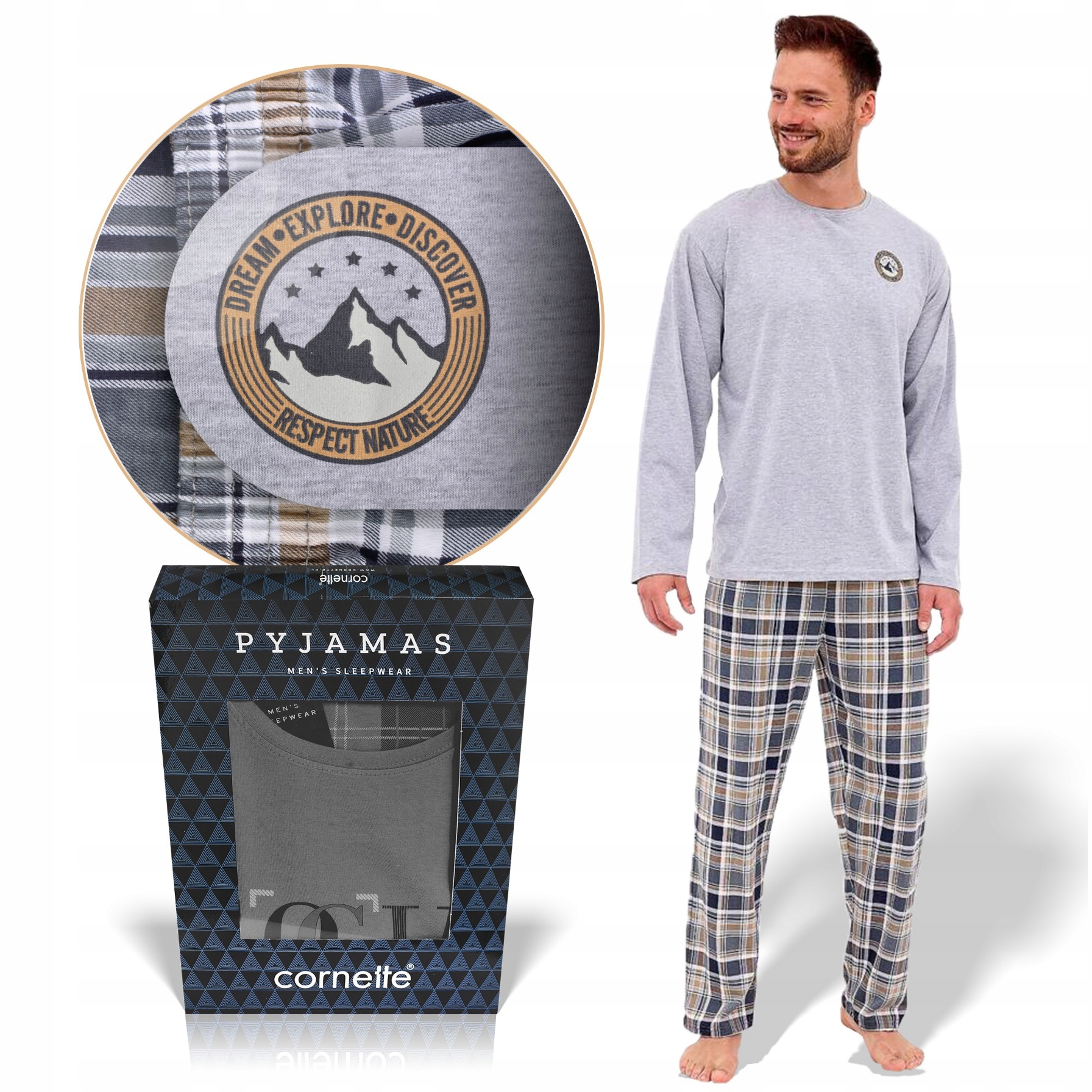 Cornette Pánské pyžamo Explore Bavlněné Šedé Velikost XXL
