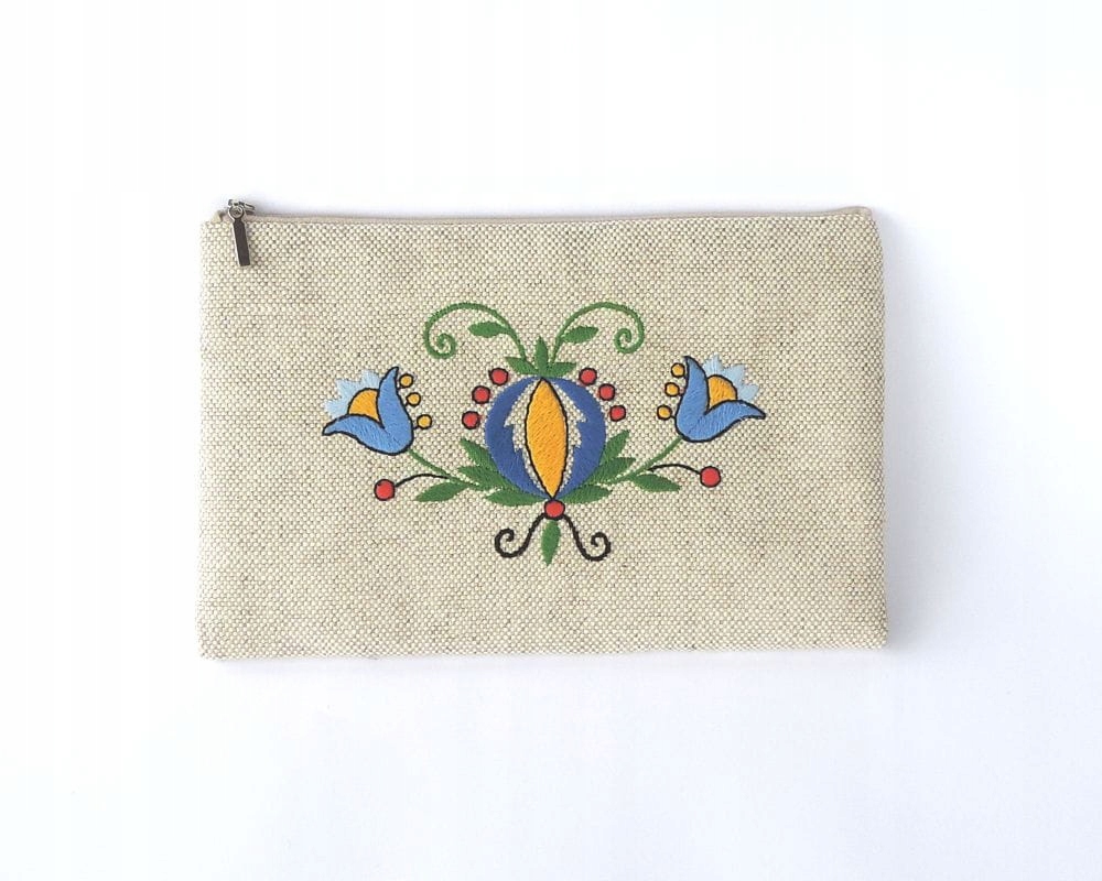 Plochá Kosmetická Taška Folk Výšivka Kašubské Květiny Lněná Handmade