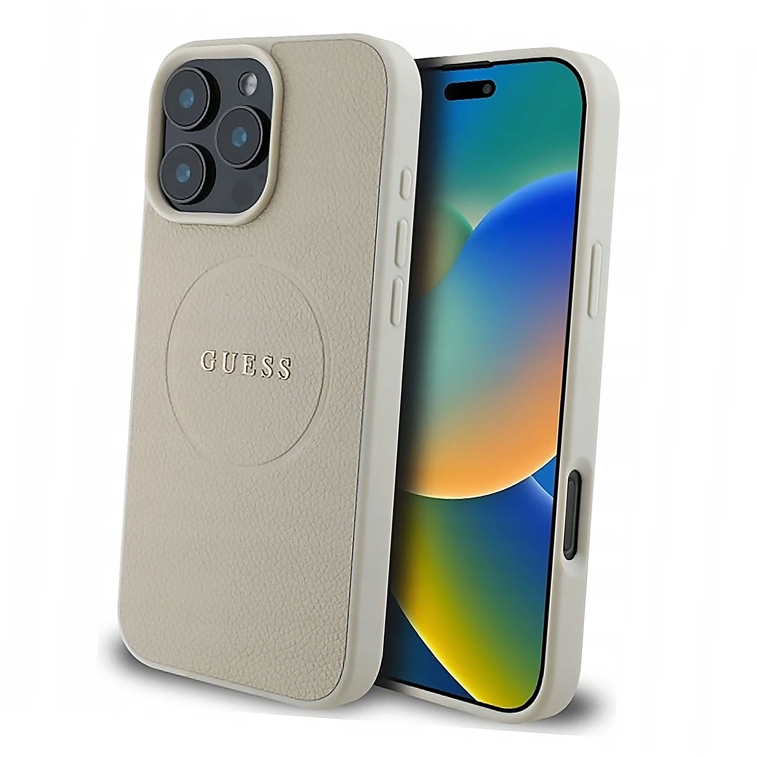 Etui Guess Grained Gold Ring MagSafe do iPhone 16 Pro Max beżowe